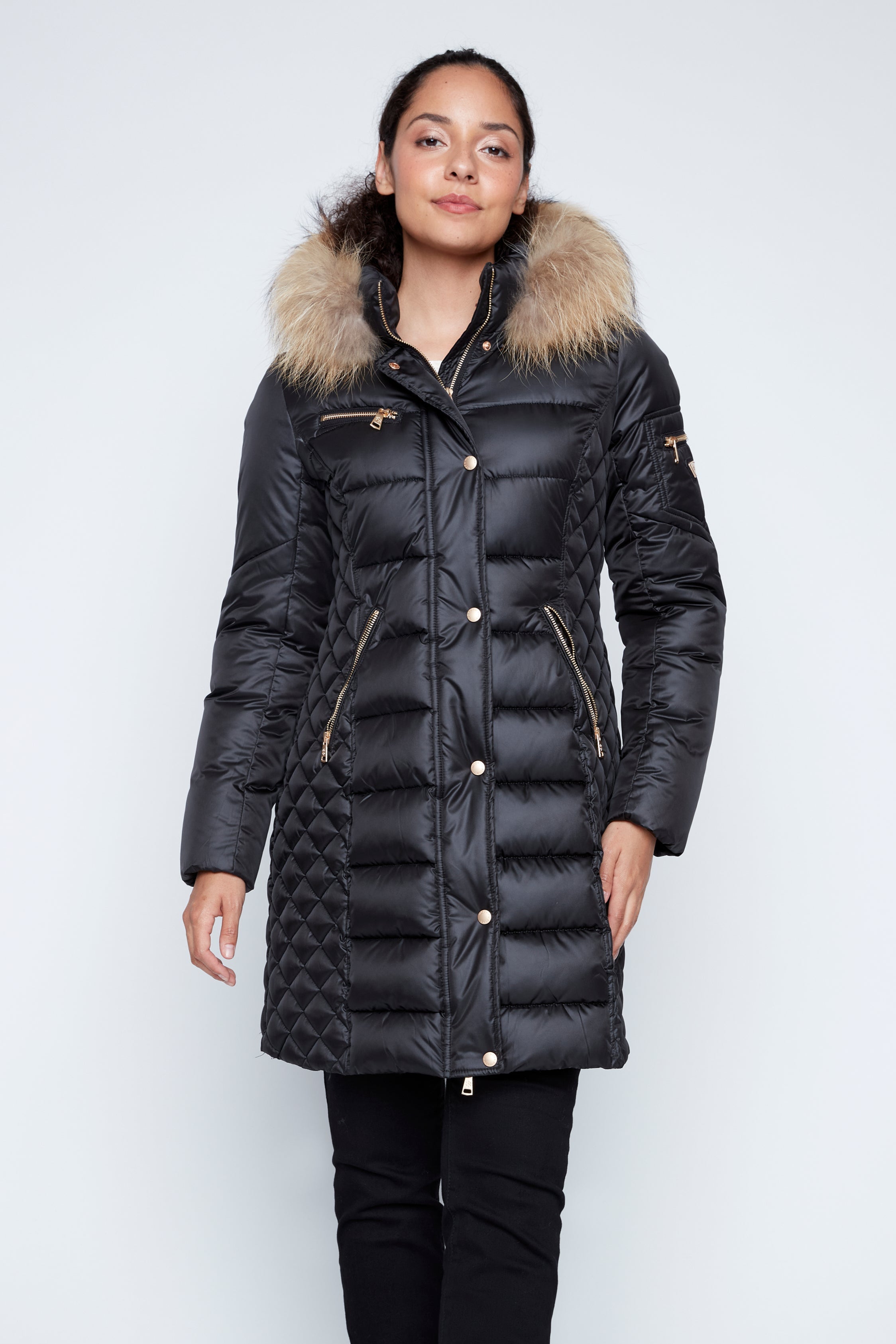 Diamond quilt trim puffer coat