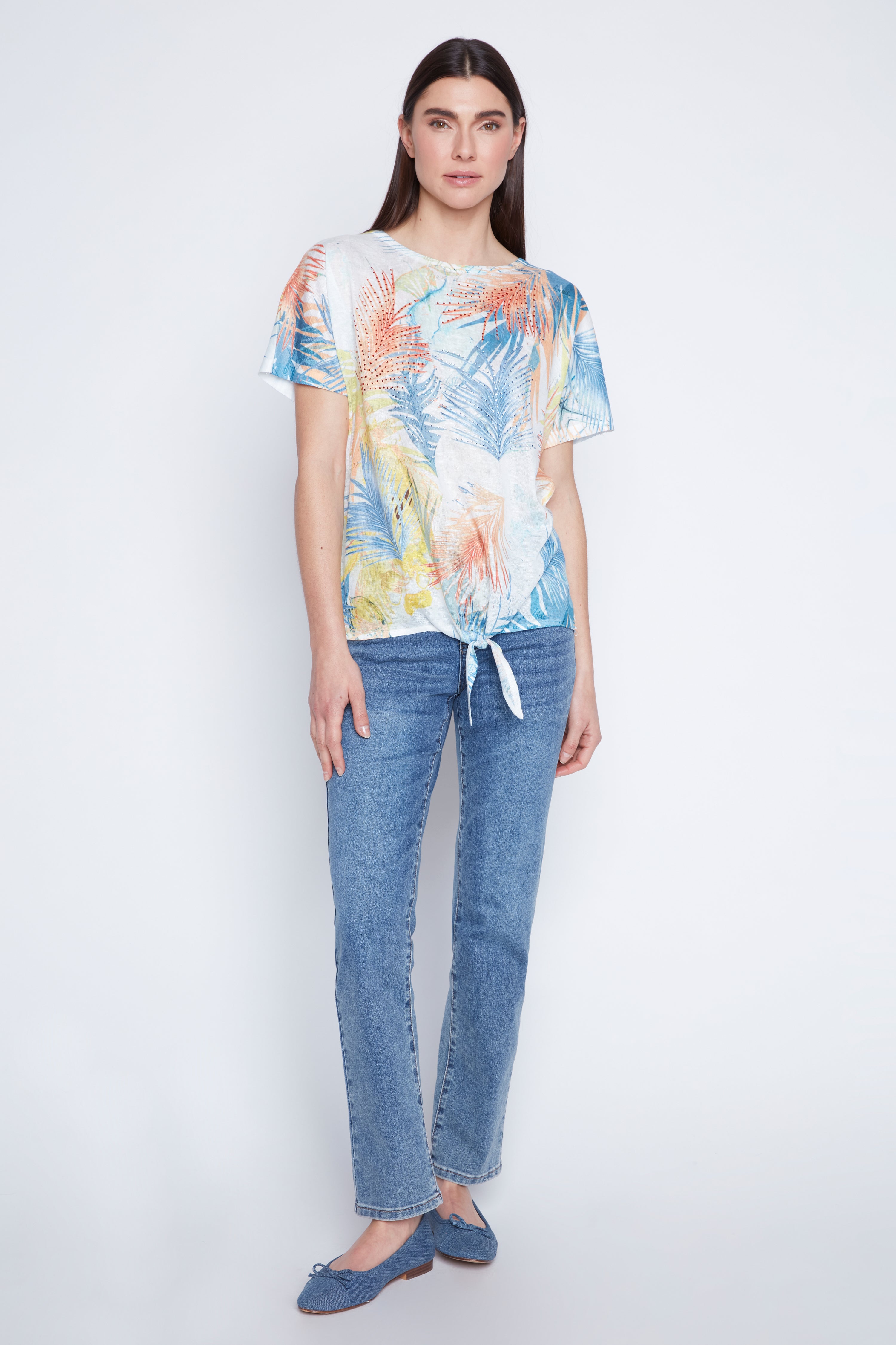 Tropical print knot front top