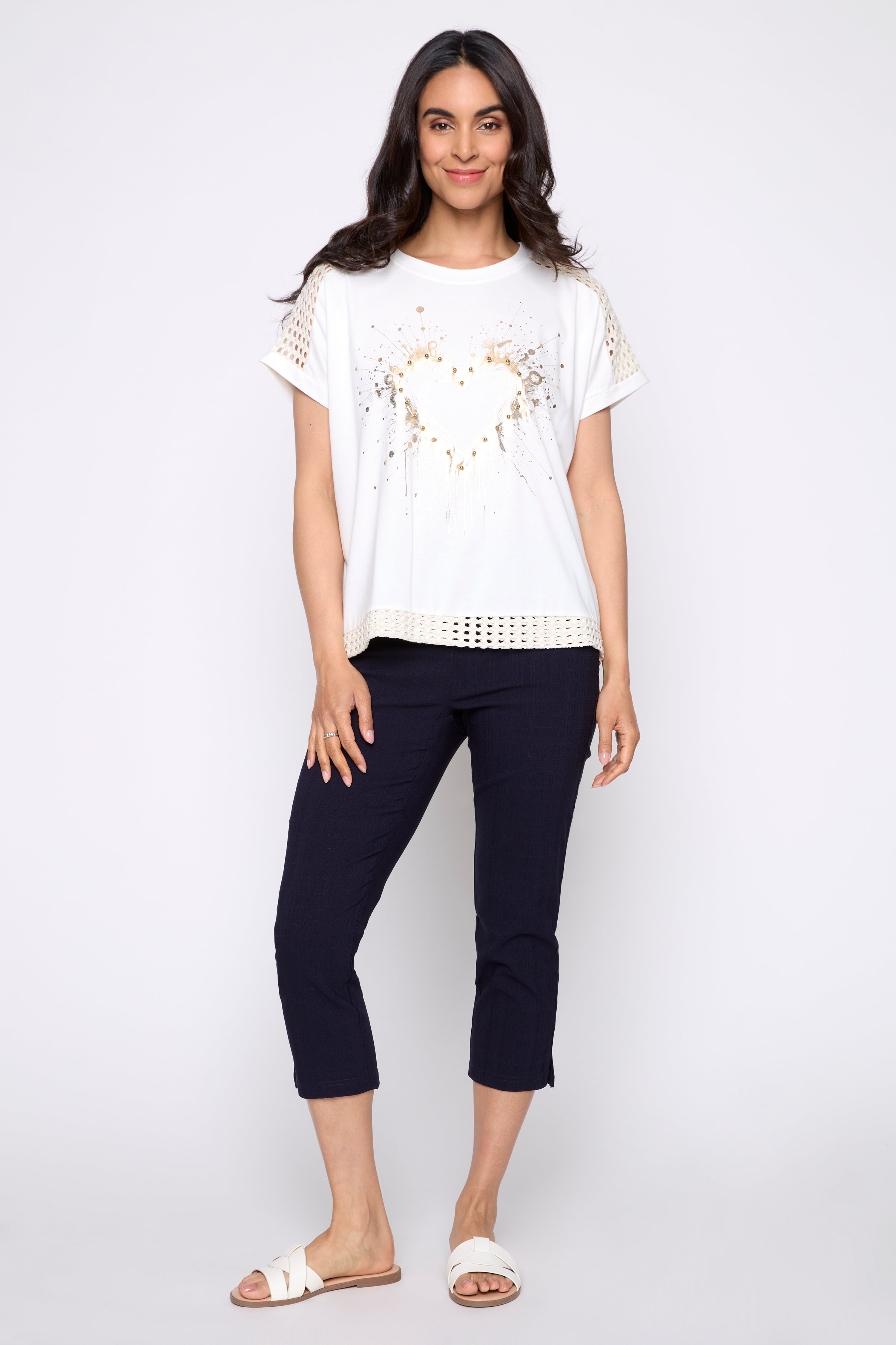 Foil heart print crochet trim top