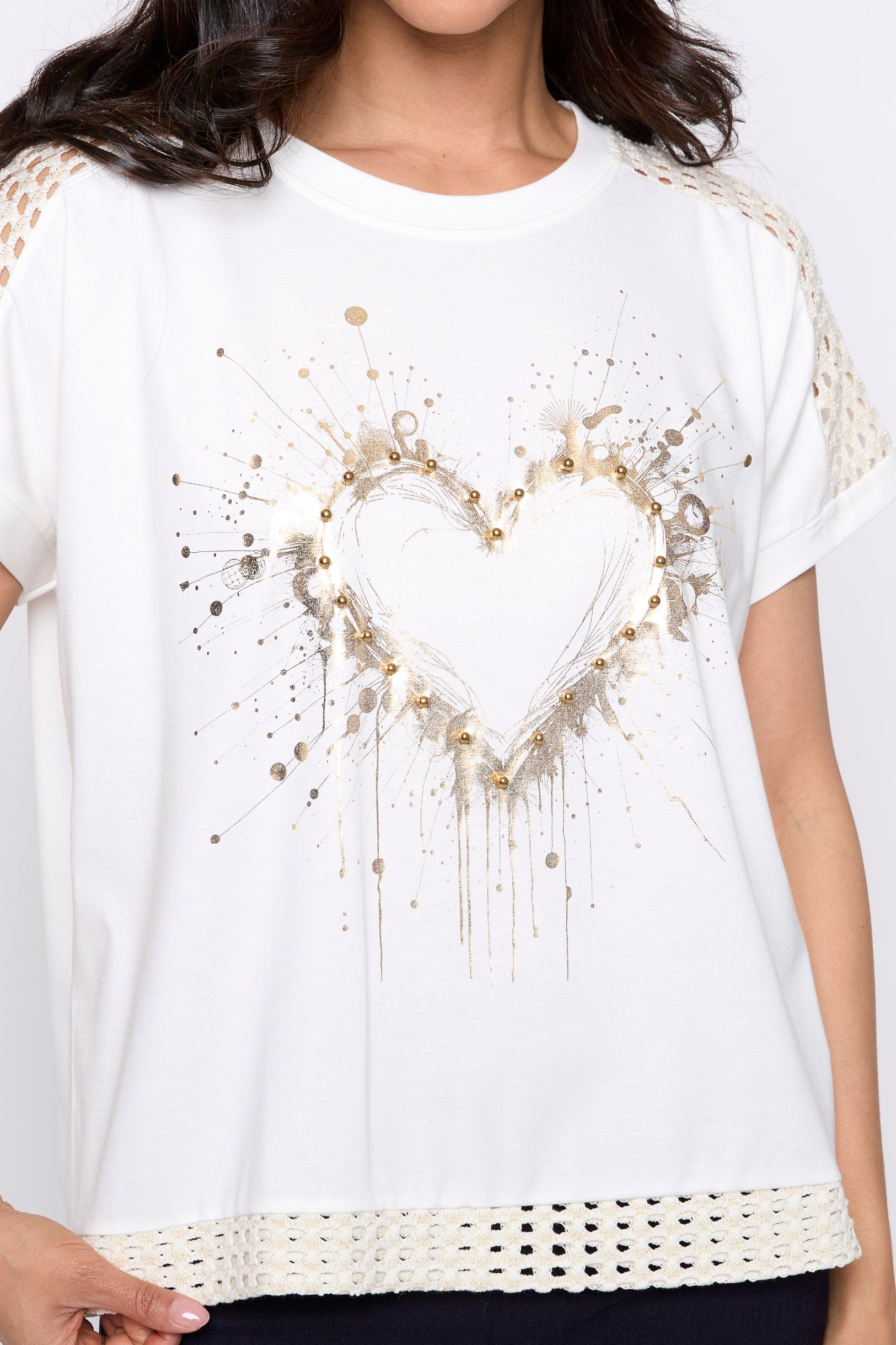Foil heart print crochet trim top