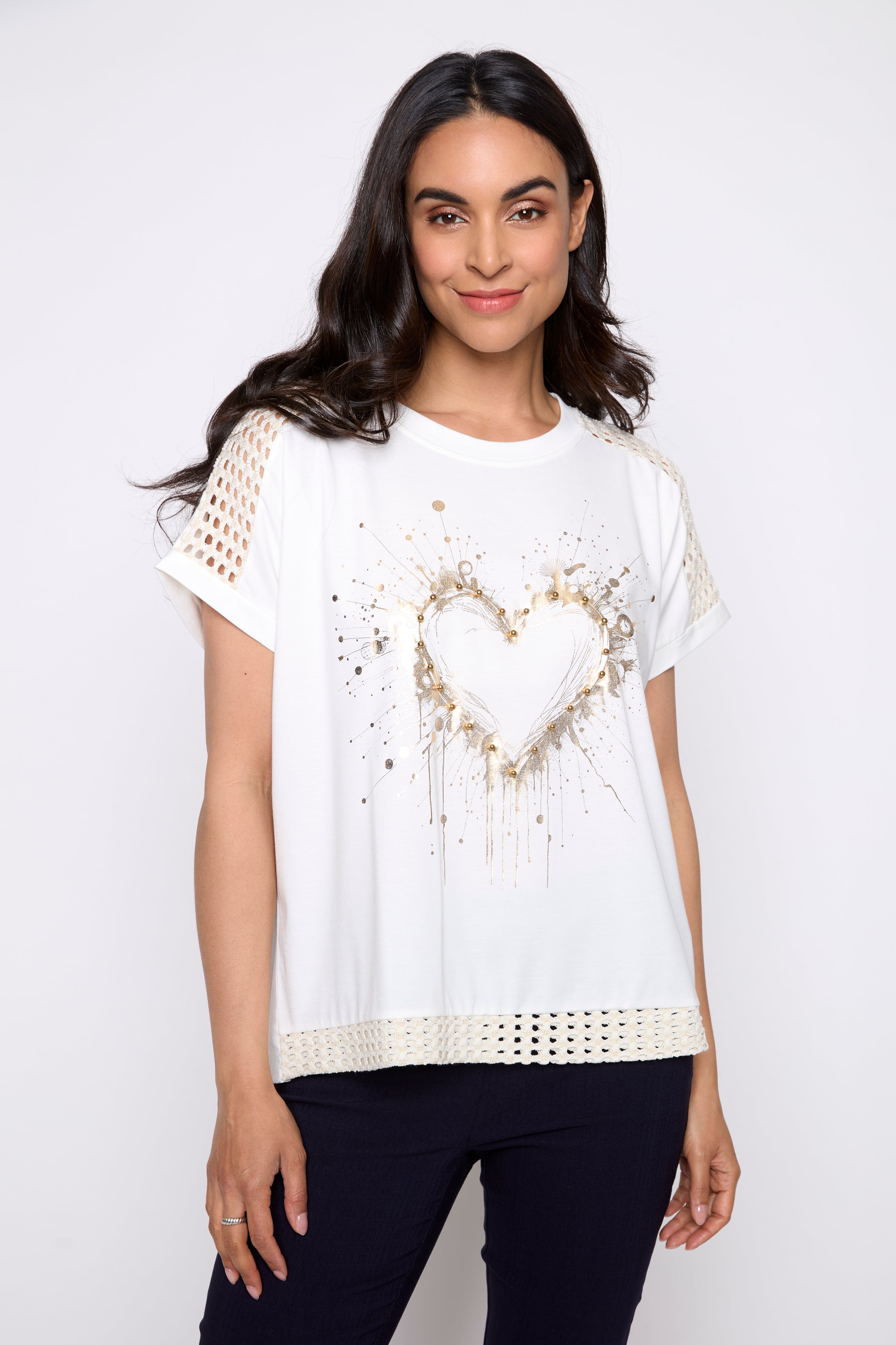 Foil heart print crochet trim top