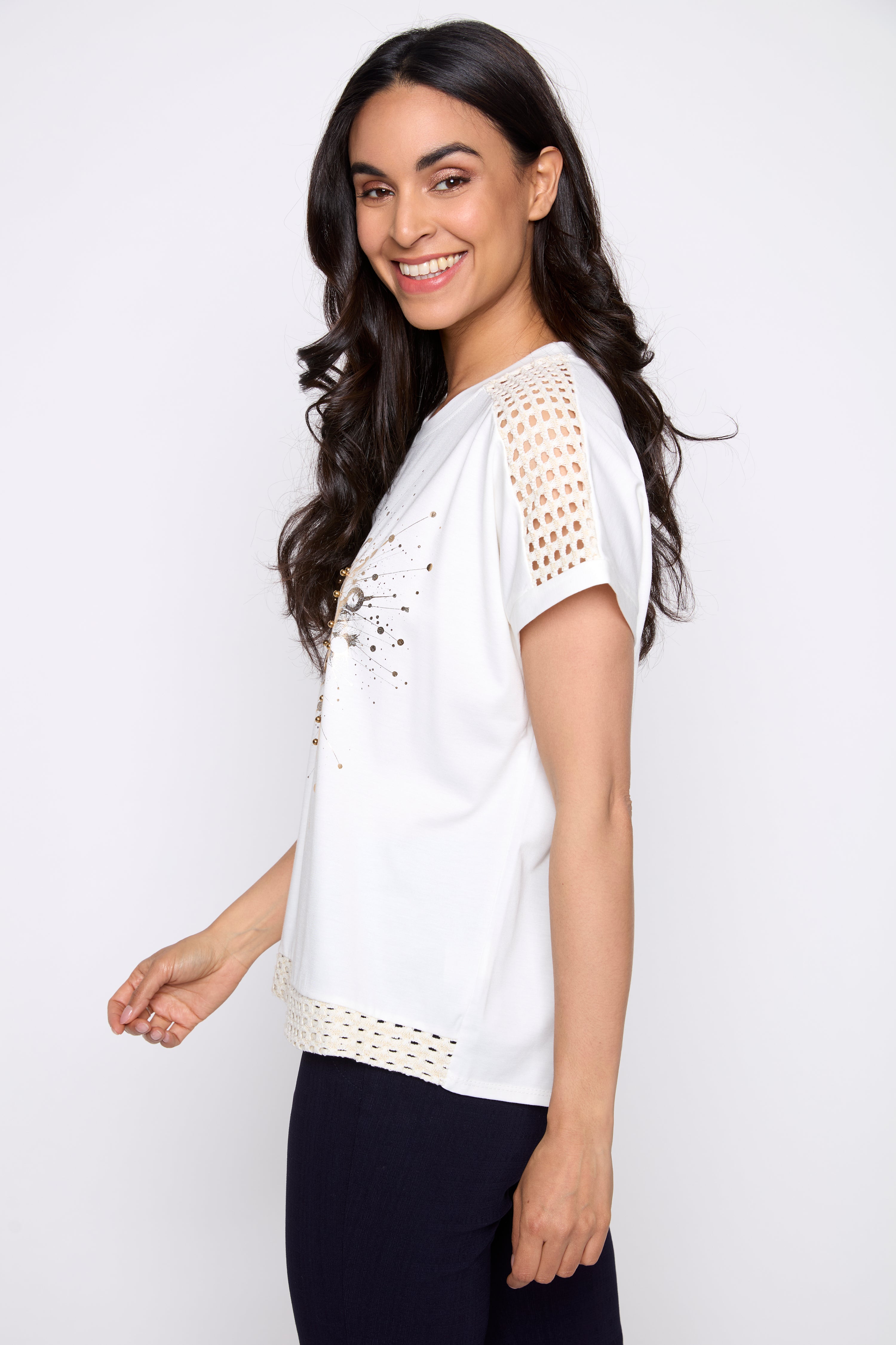 Foil heart print crochet trim top