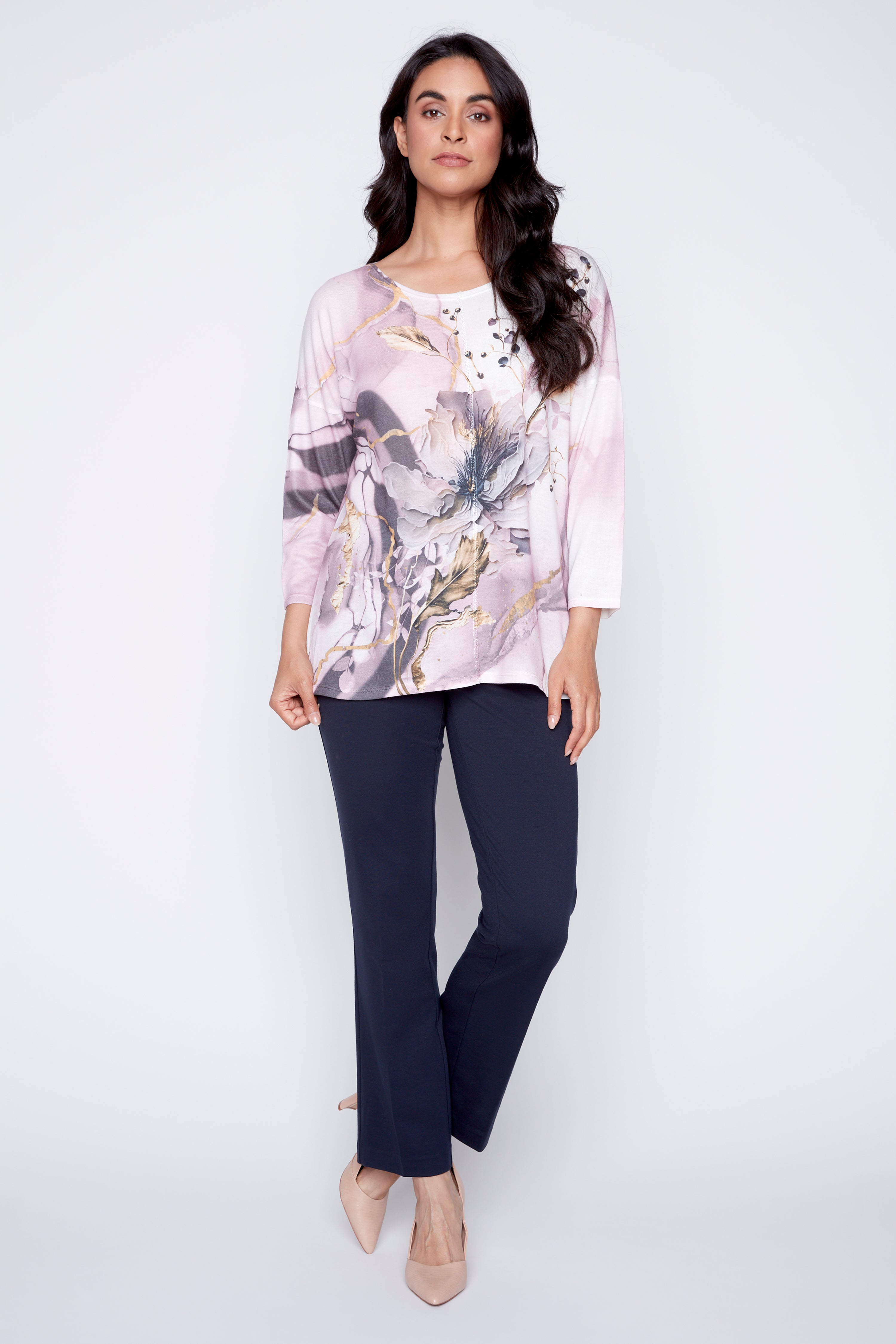Marbled floral print knit top