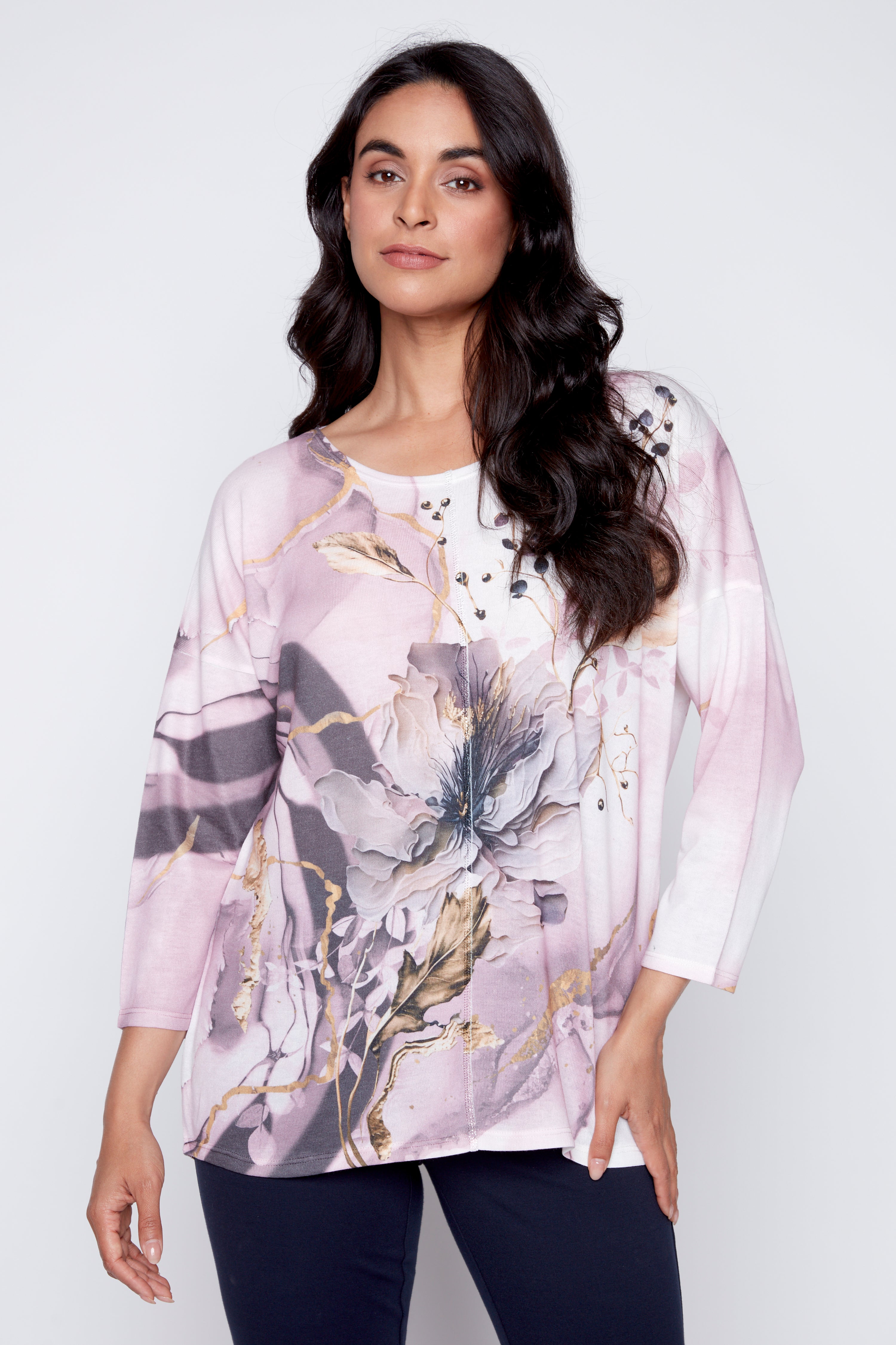 Marbled floral print knit top