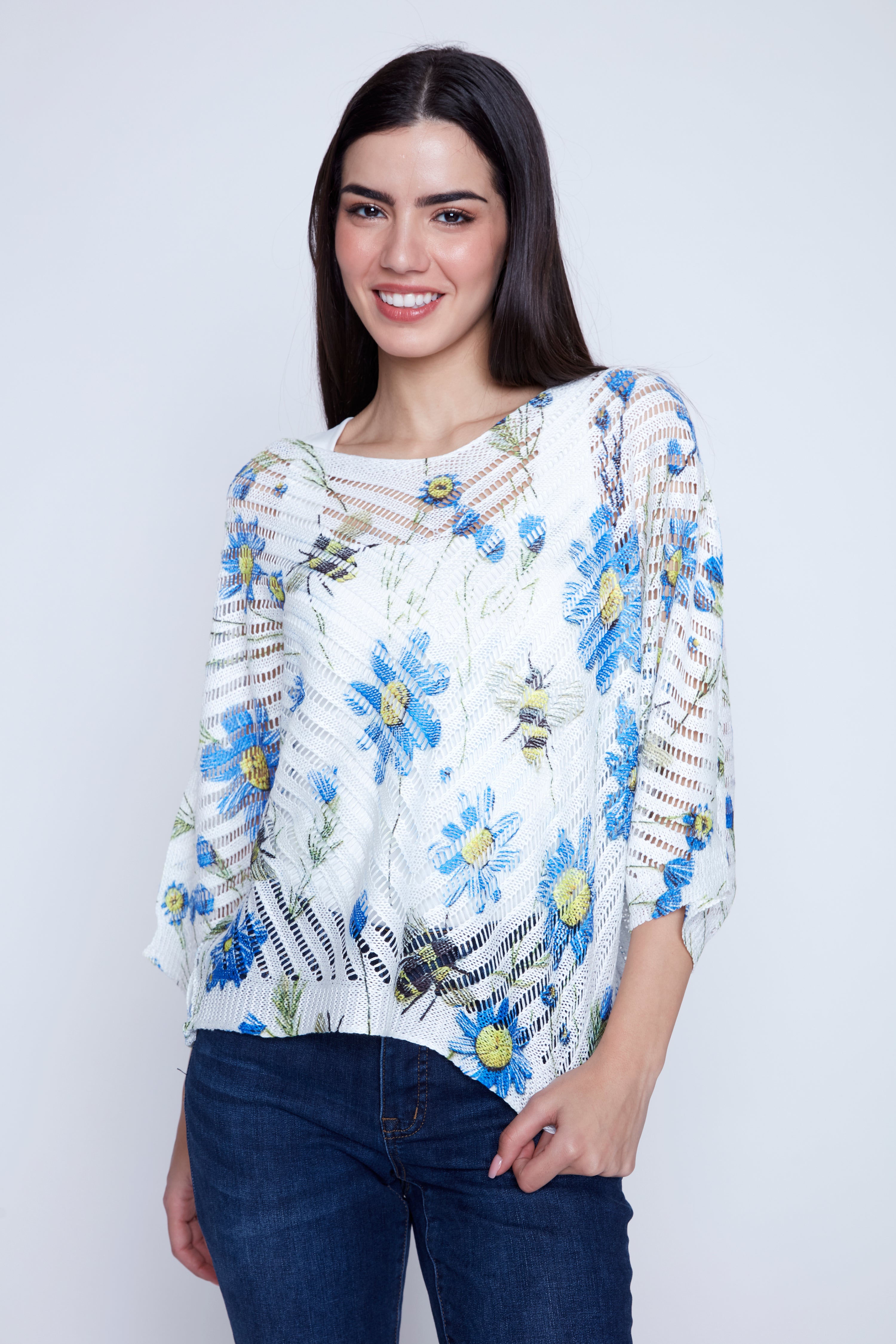 Floral bees print crochet top
