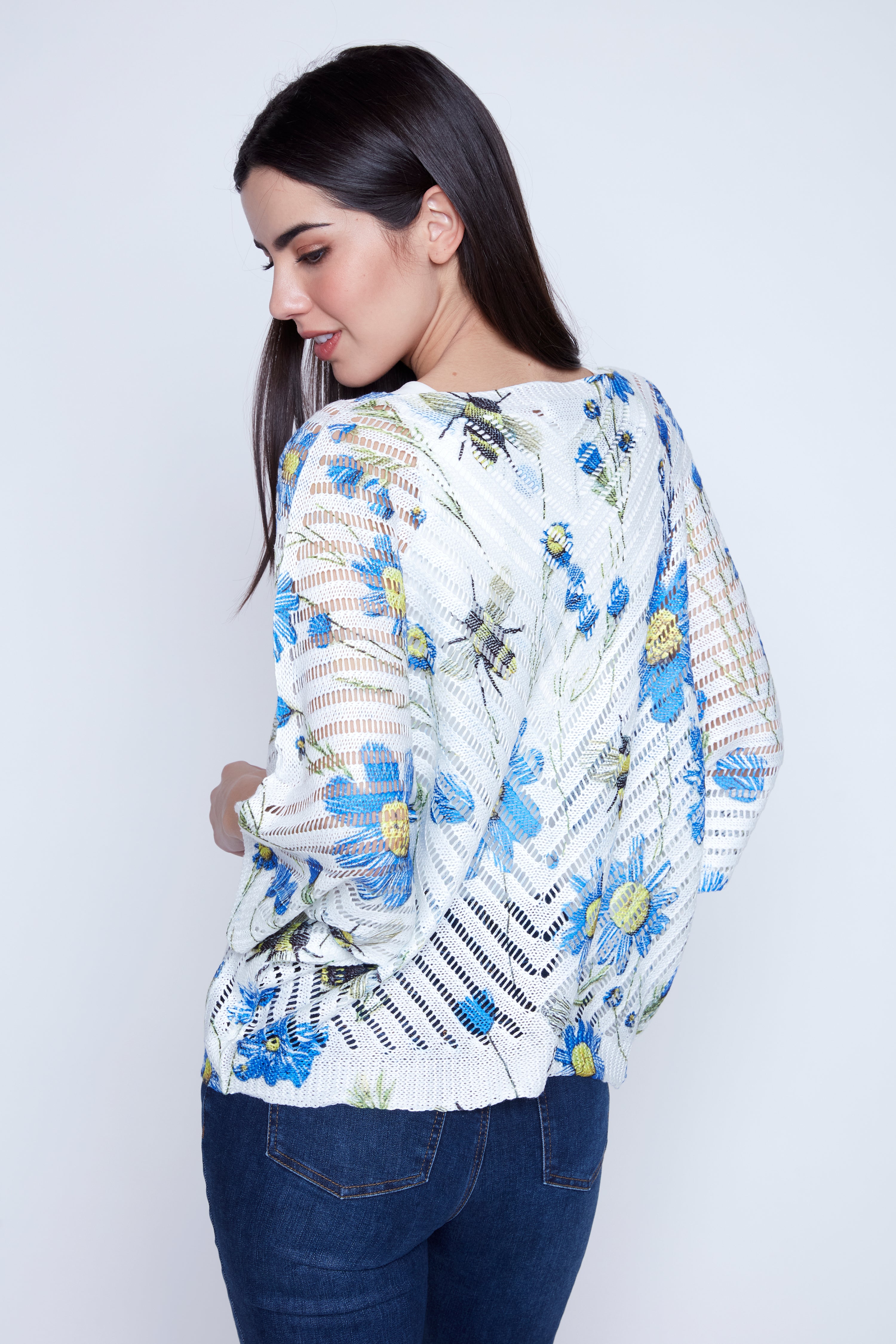 Floral bees print crochet top