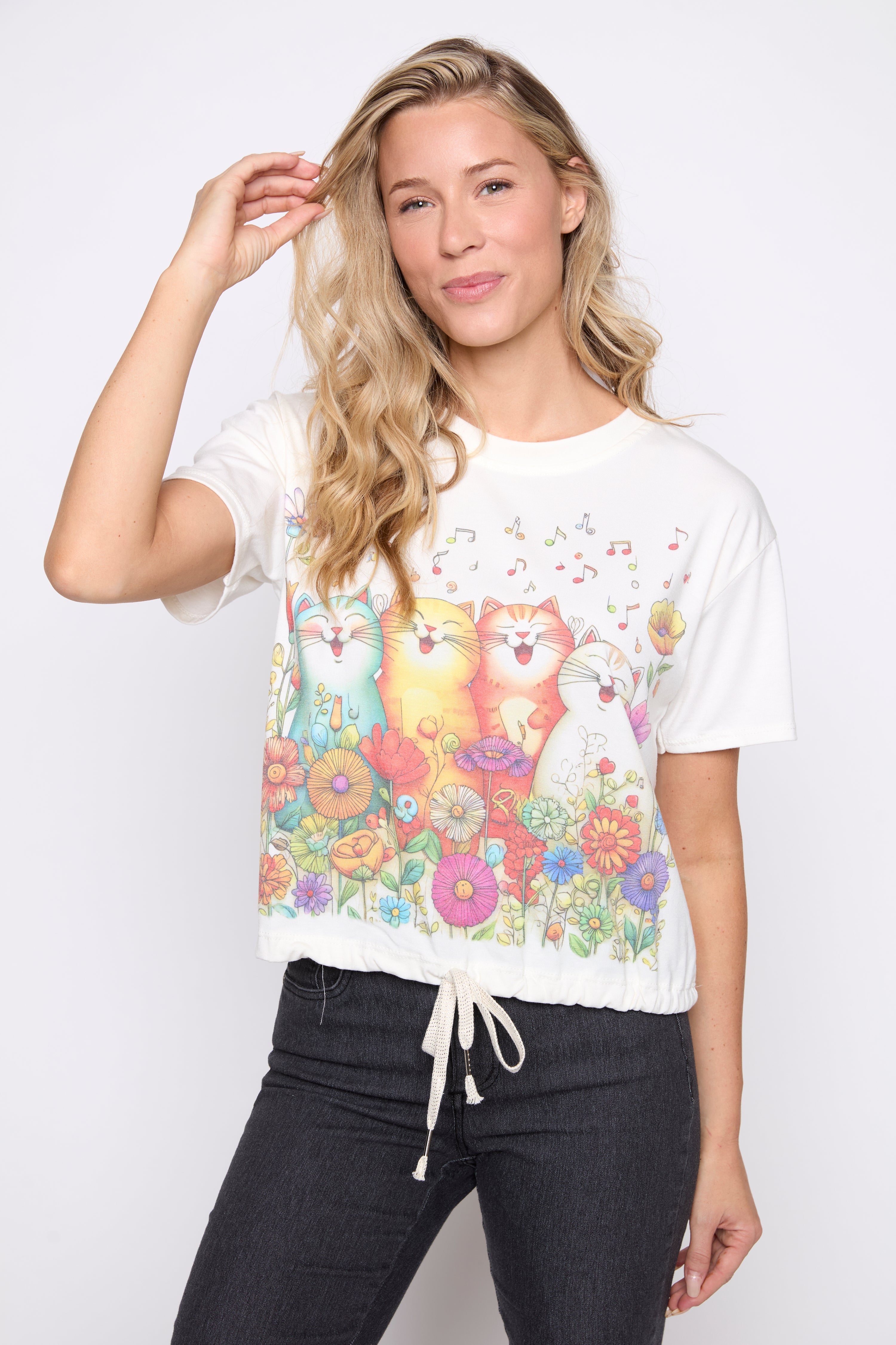 Le T-shirt à cordon ajustable et imprimé chat