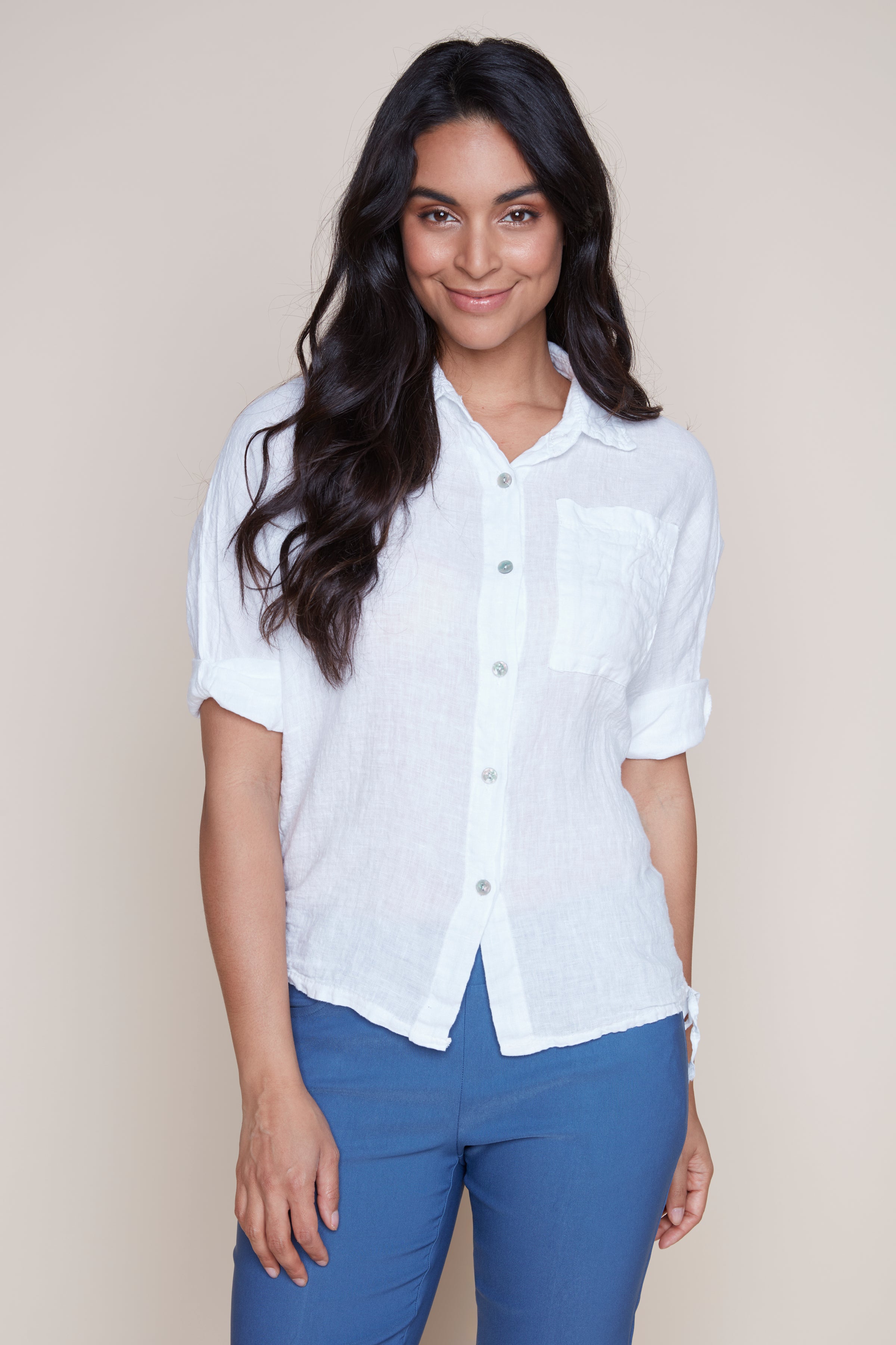 Back lace solid linen blouse