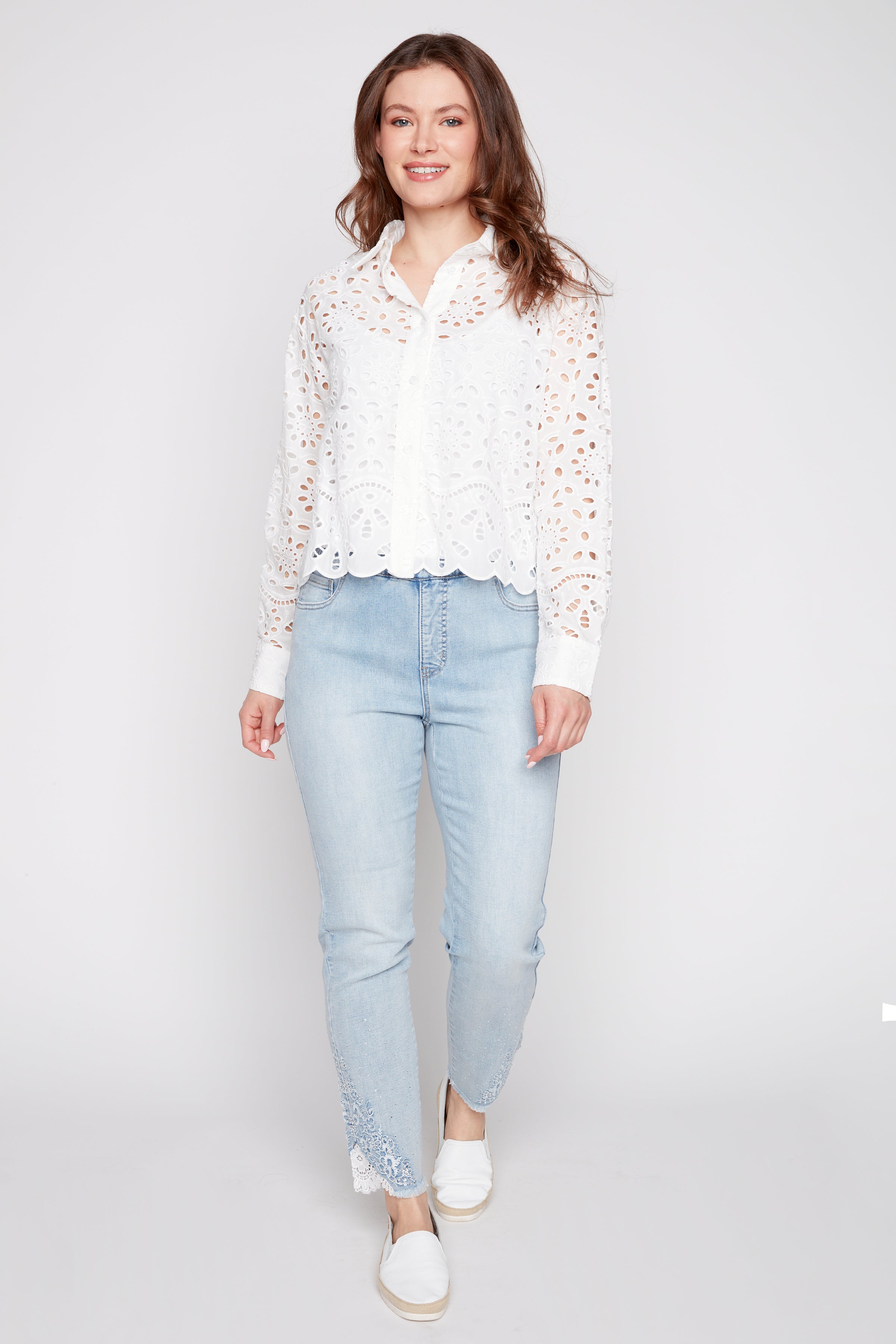 Solid embroidery cotton blouse