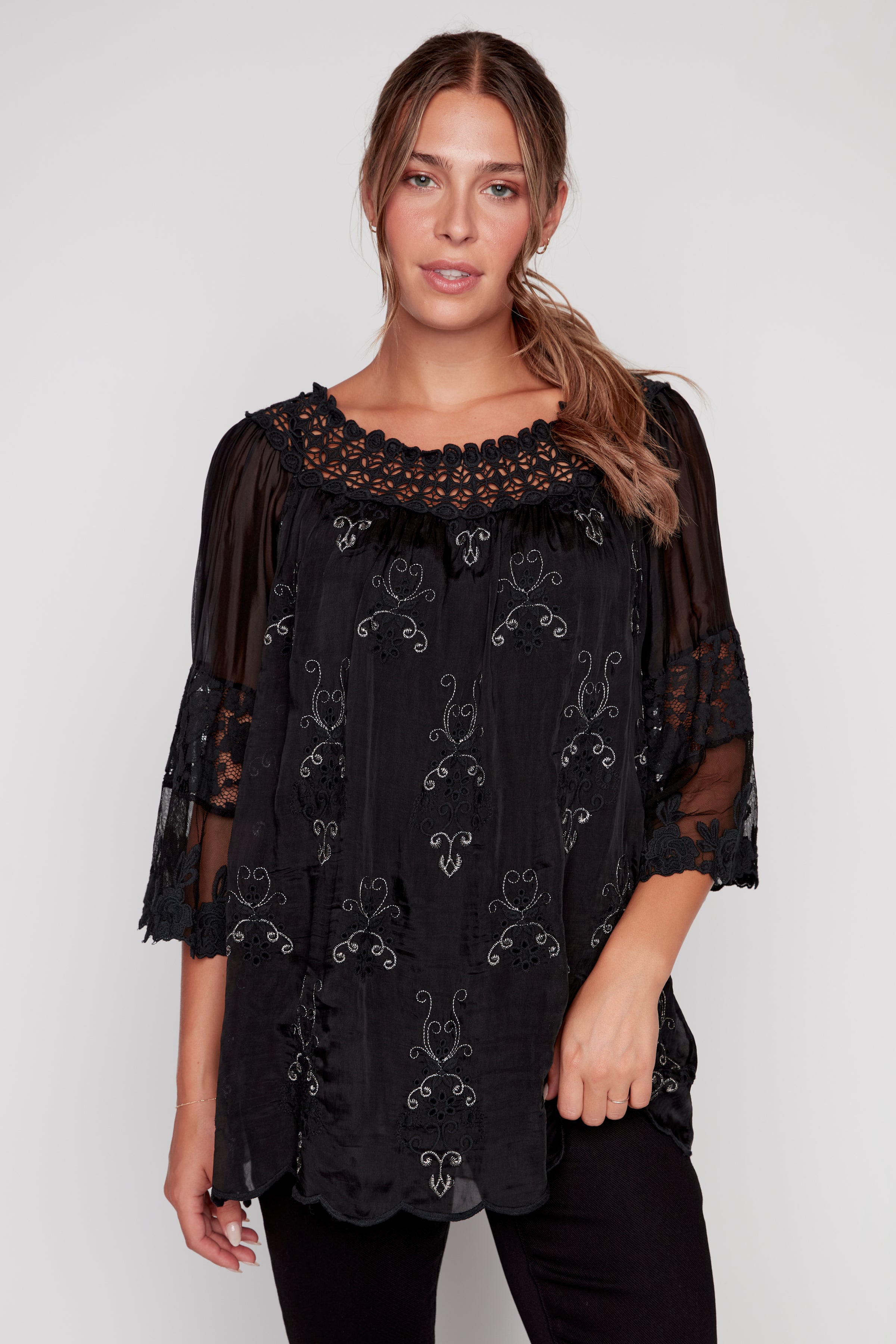 Lace silk top with lurex