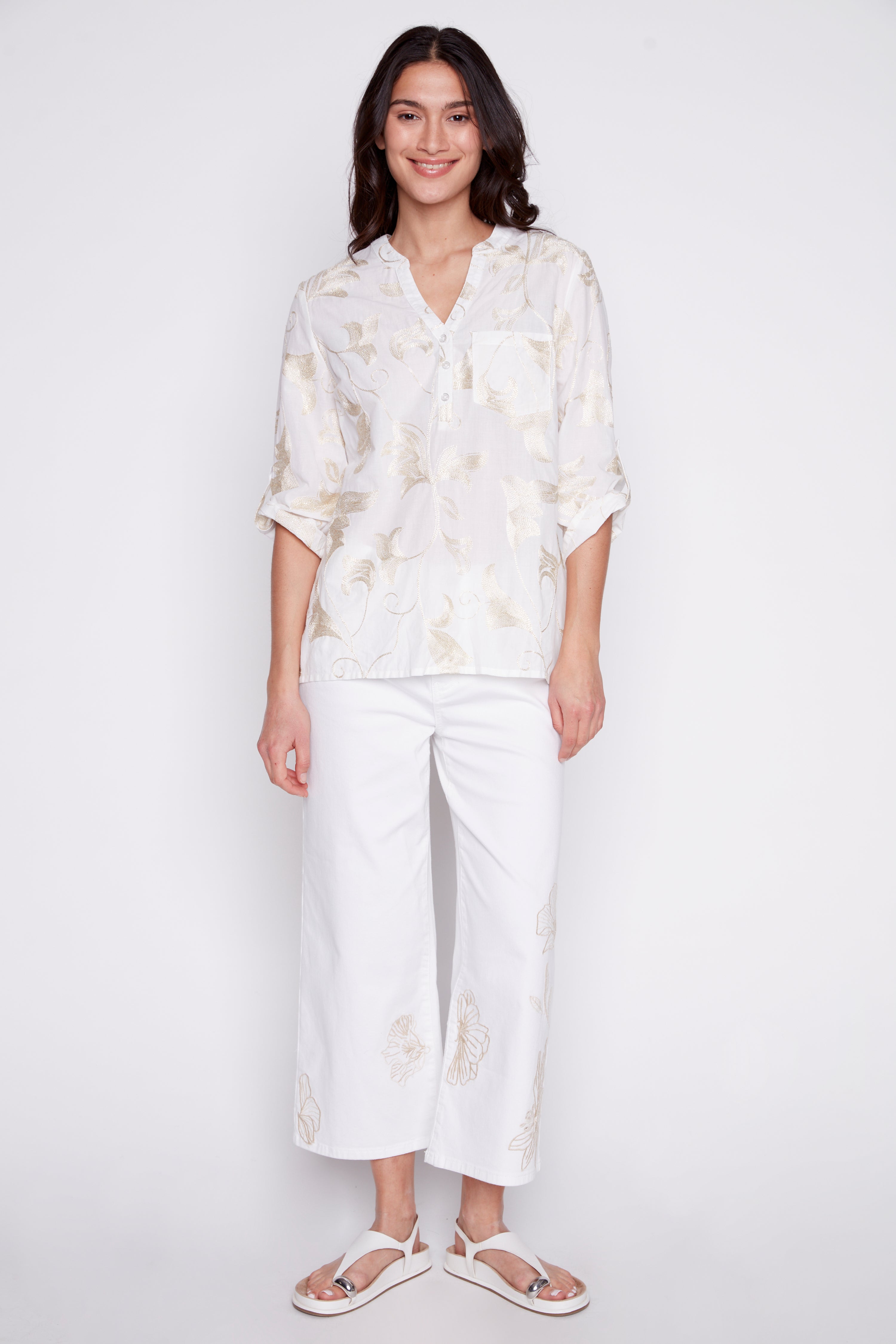 Leaf lurex embroidery cotton blouse