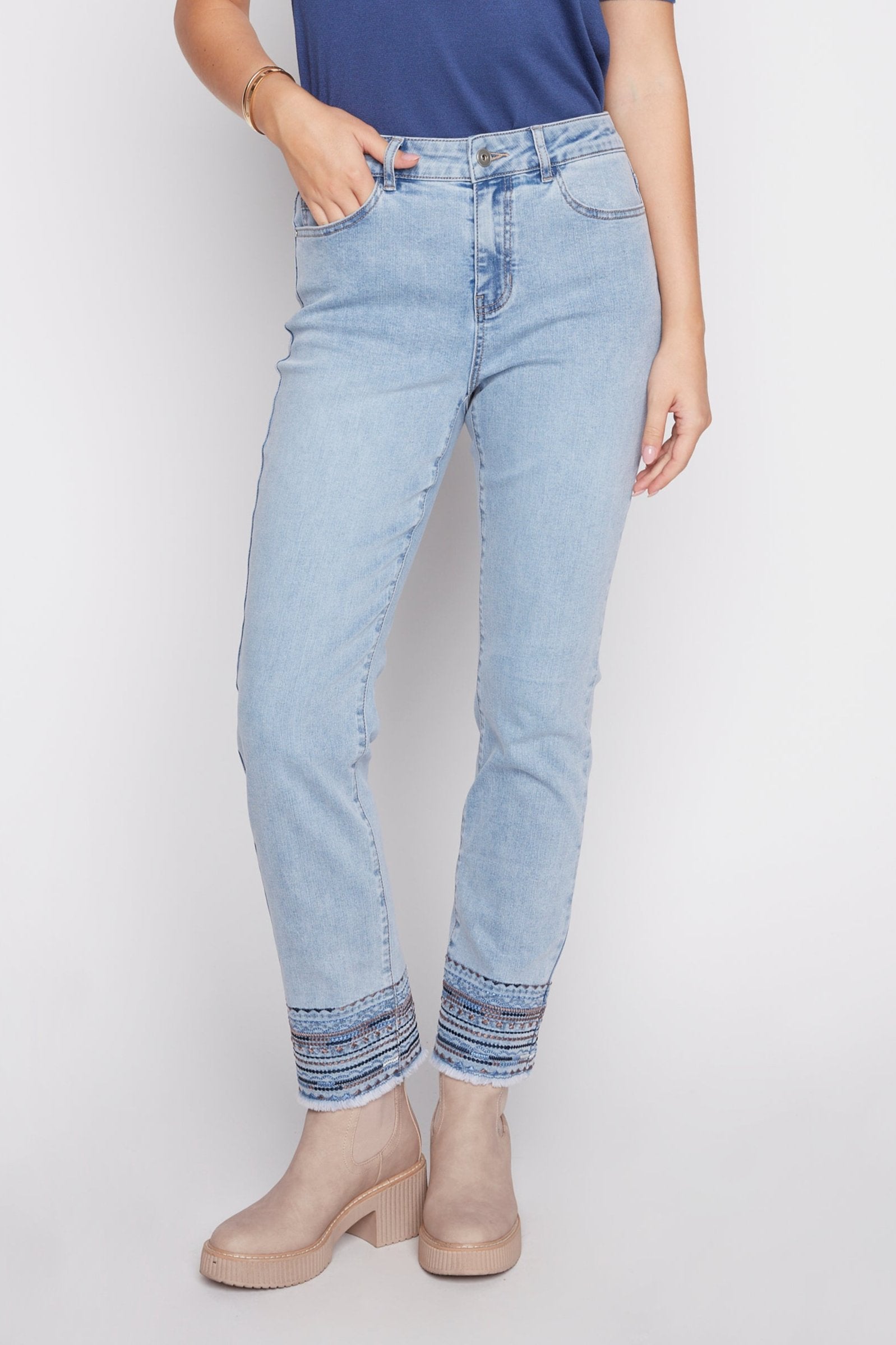 Embroidered hem jean