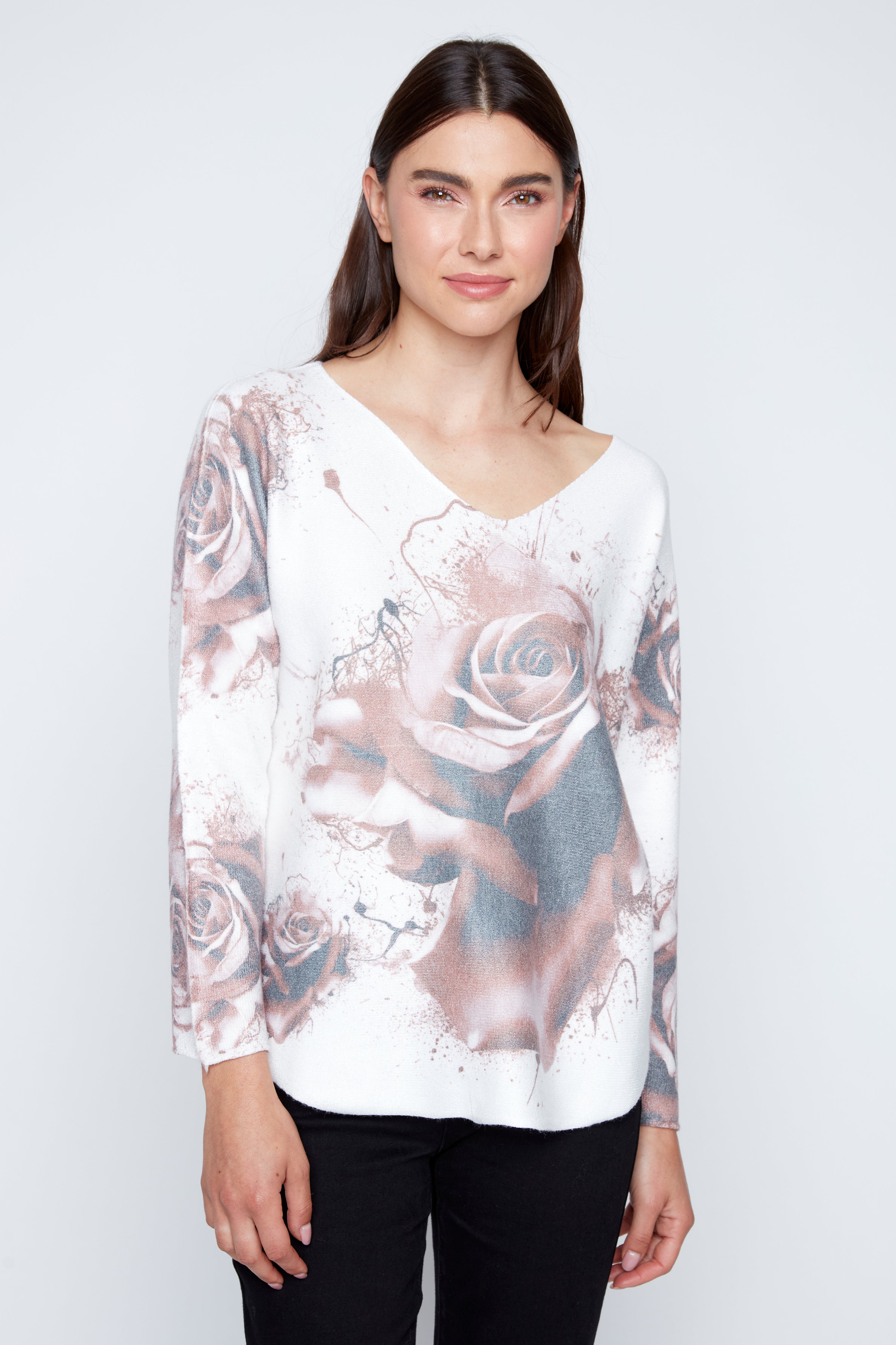 Dolman sleeve roses print top