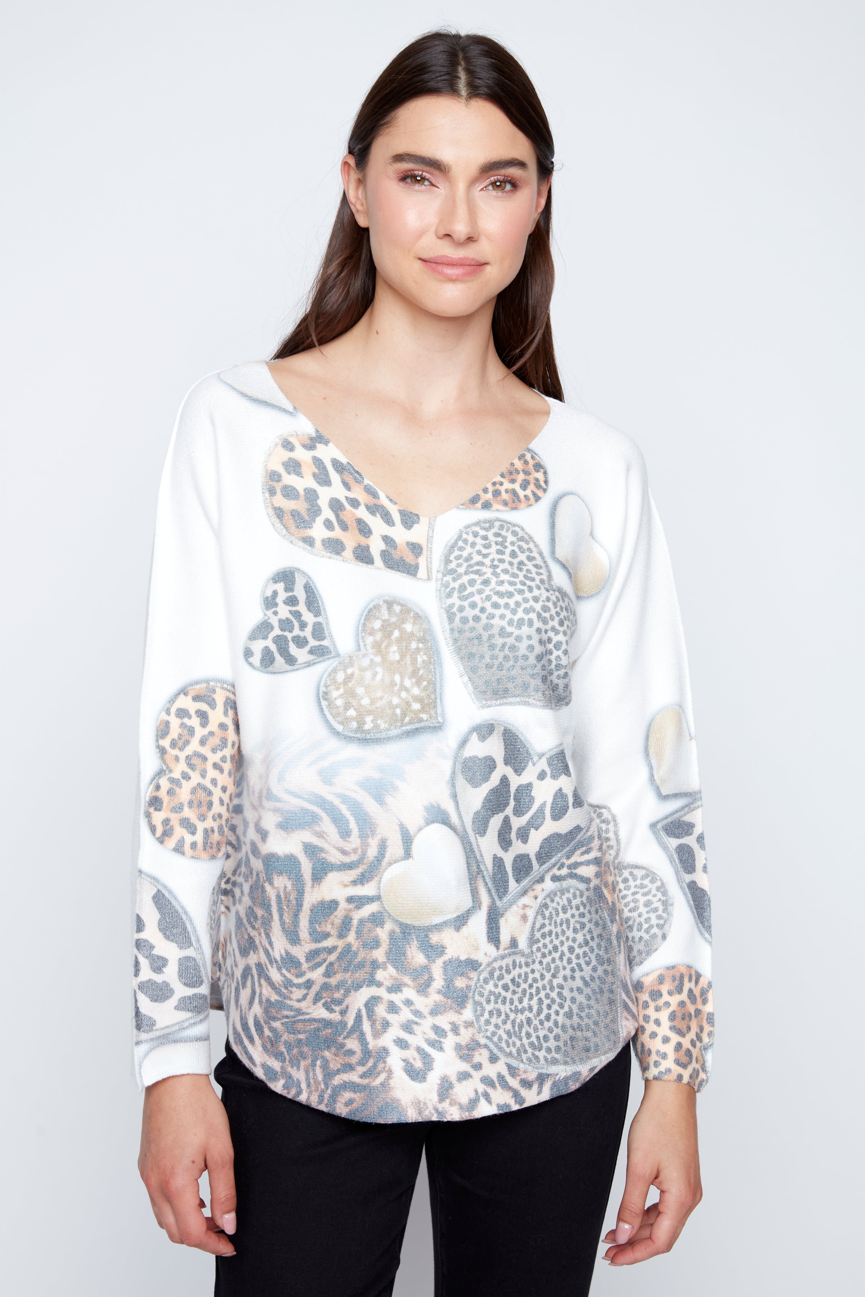 Dolman sleeve animal hearts print top