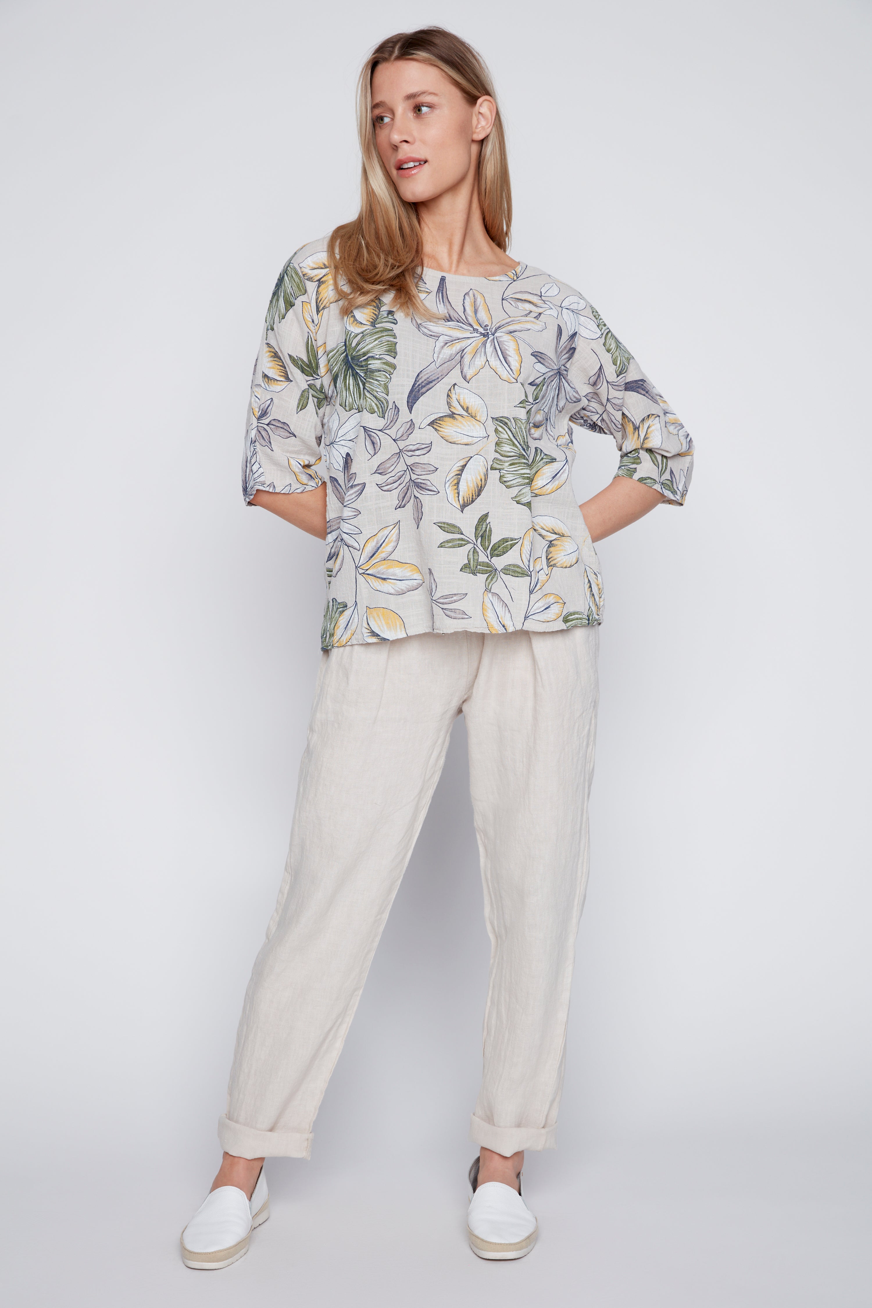 Tropical print cotton gauze top