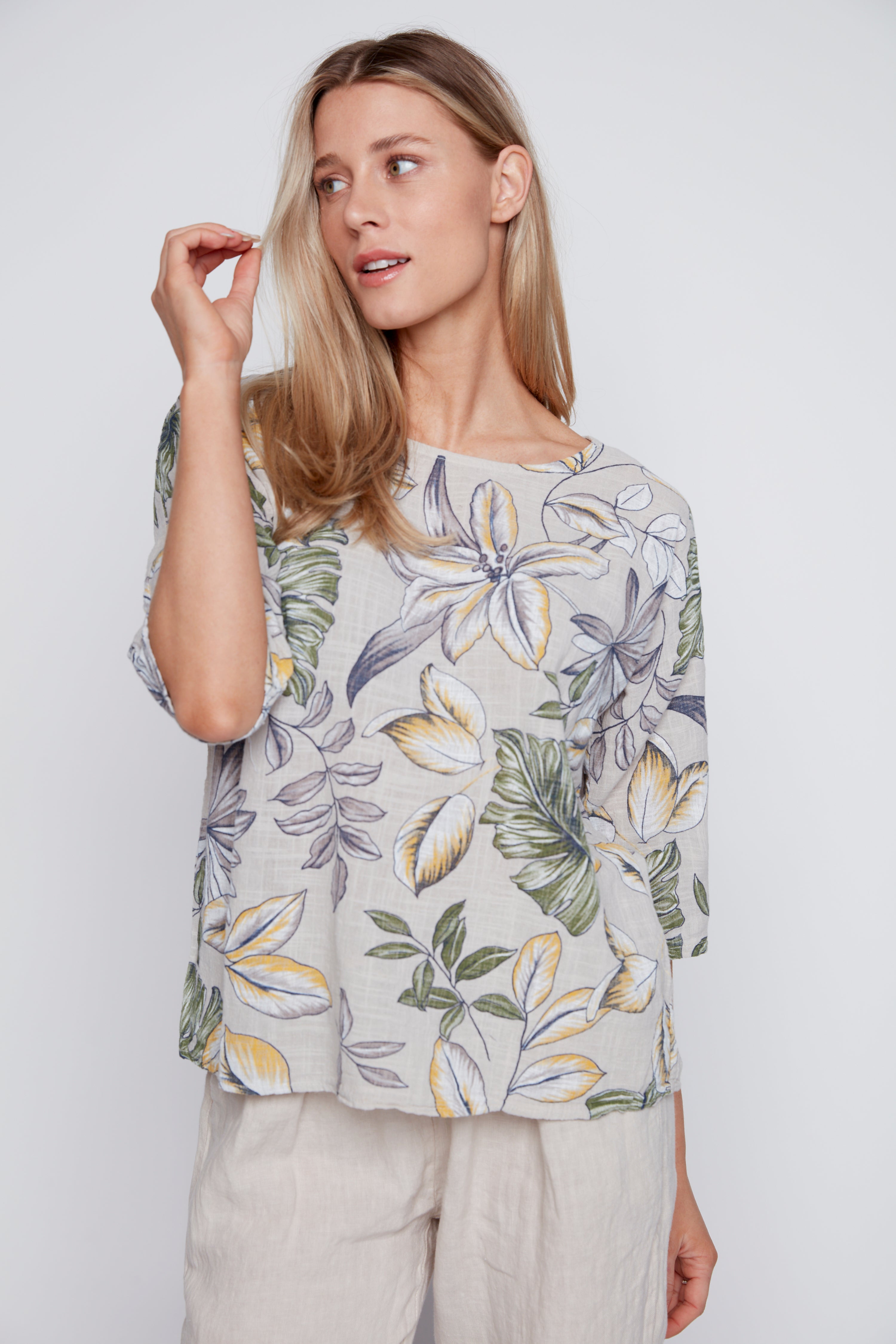 Tropical print cotton gauze top