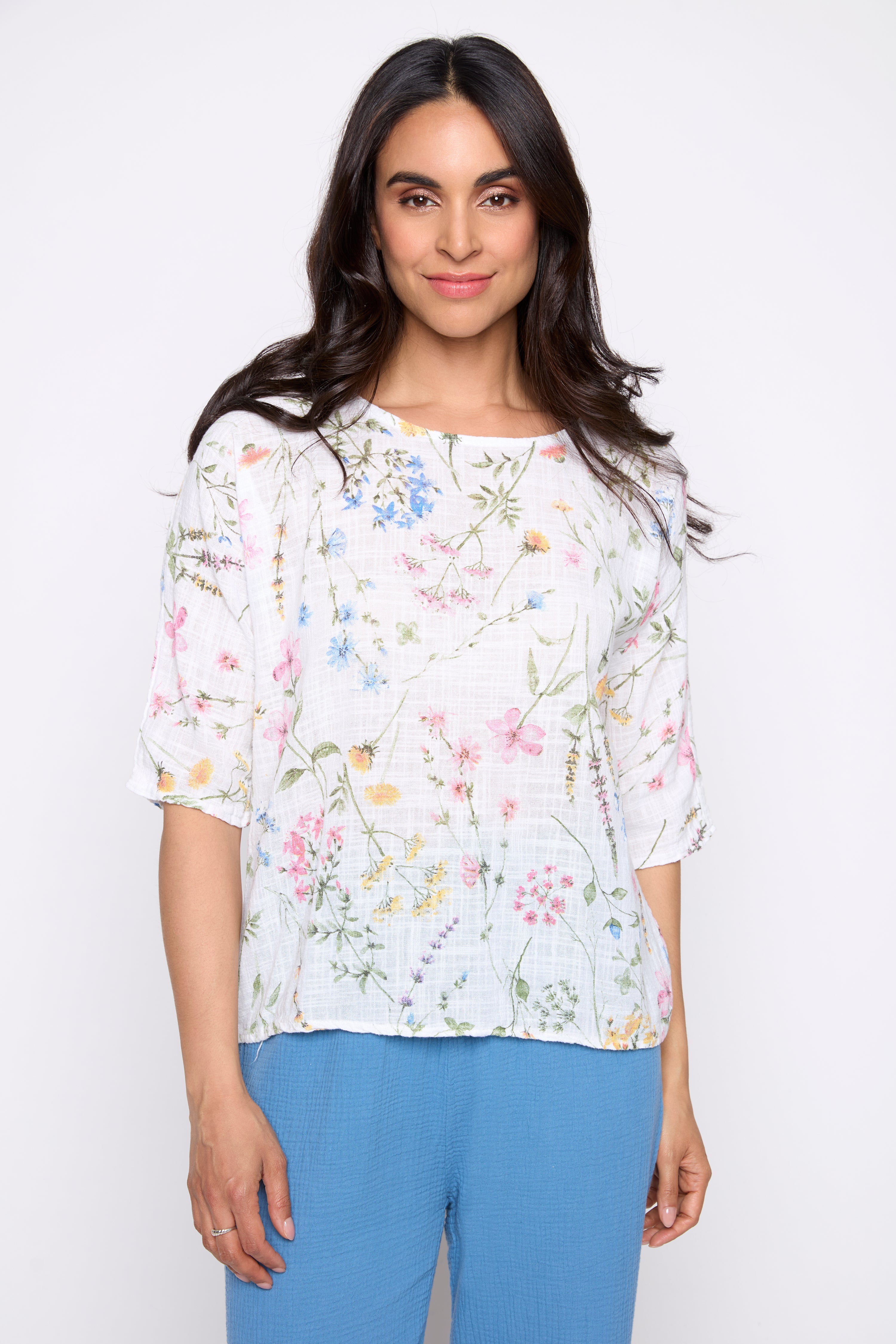 Floral leaf print cotton gauze top
