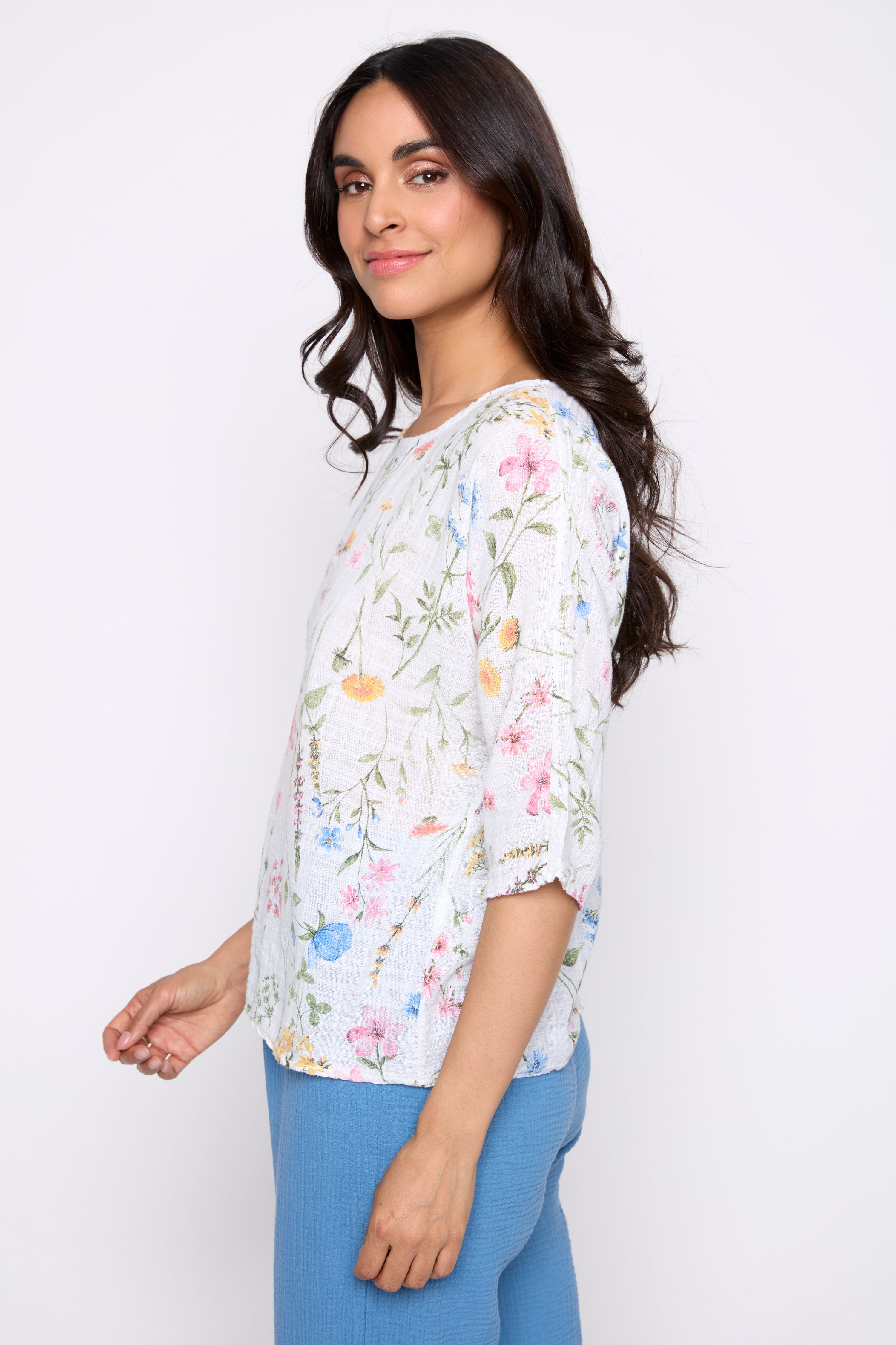 Floral leaf print cotton gauze top