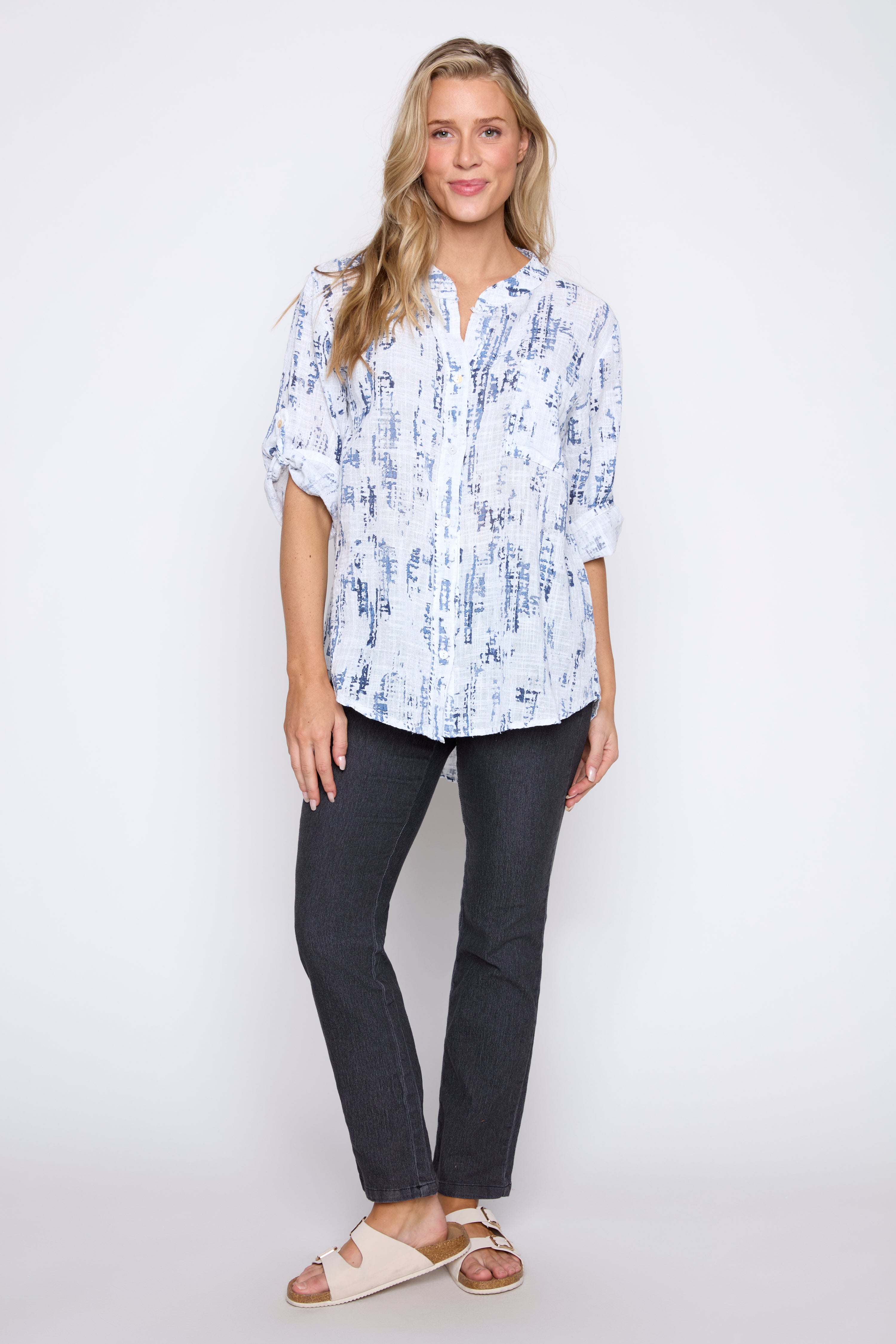 Abstract print cotton gauze blouse
