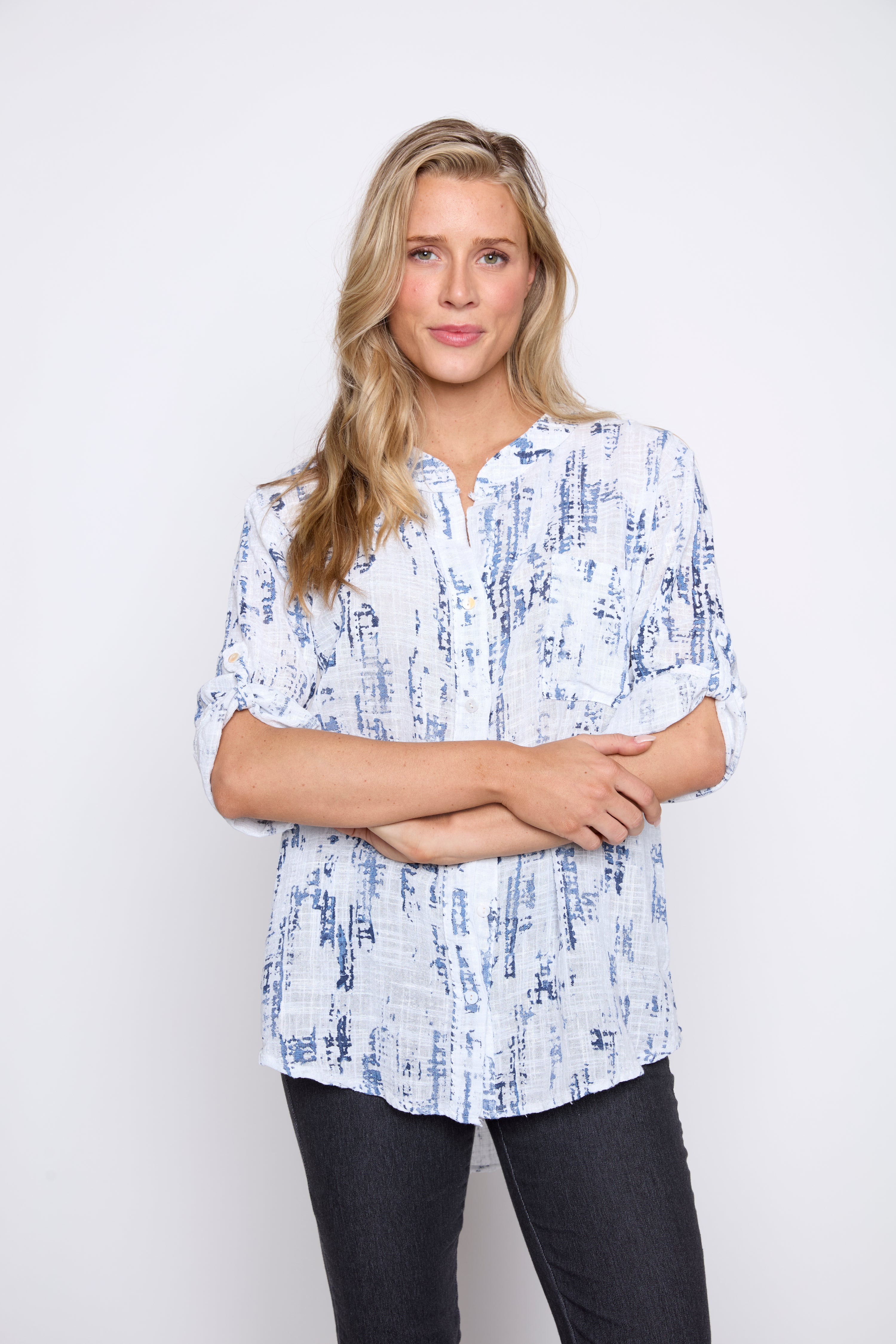 Abstract print cotton gauze blouse