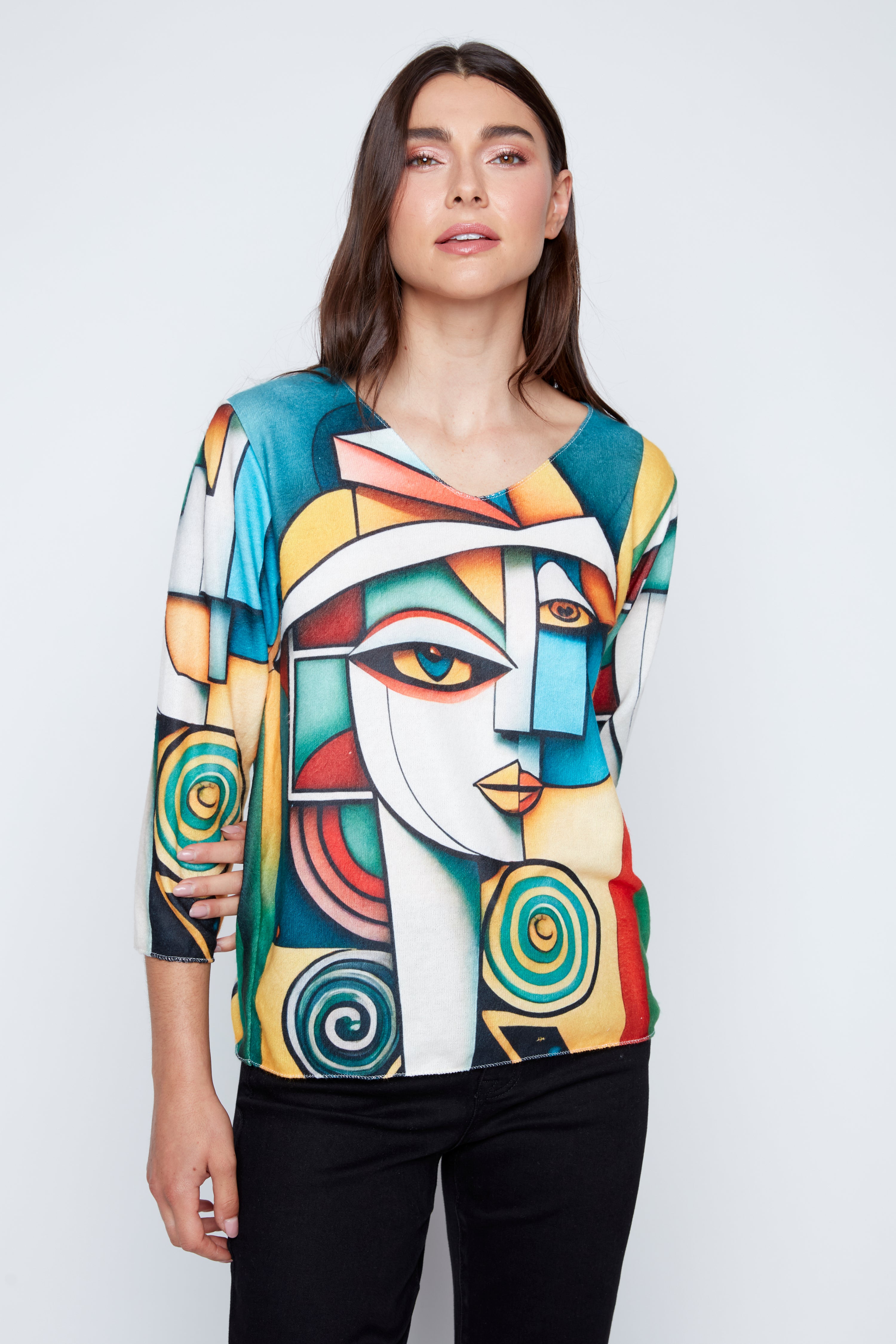 Avant garde face print knit top