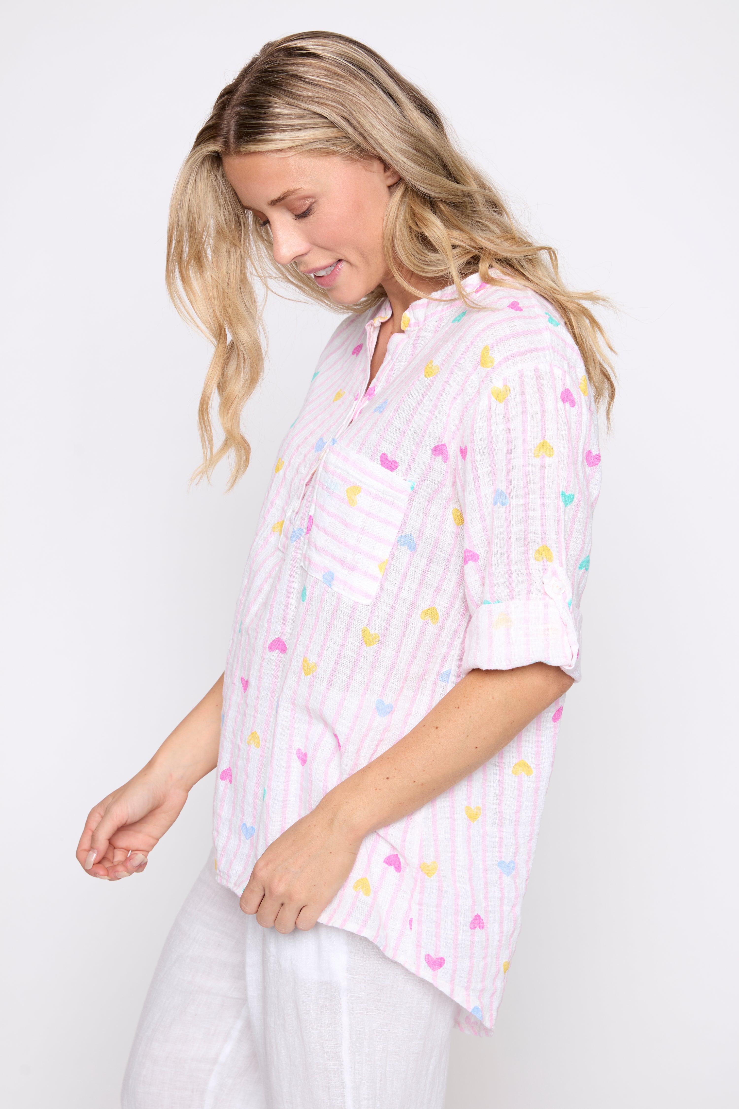 Stripe hearts print cotton gauze blouse