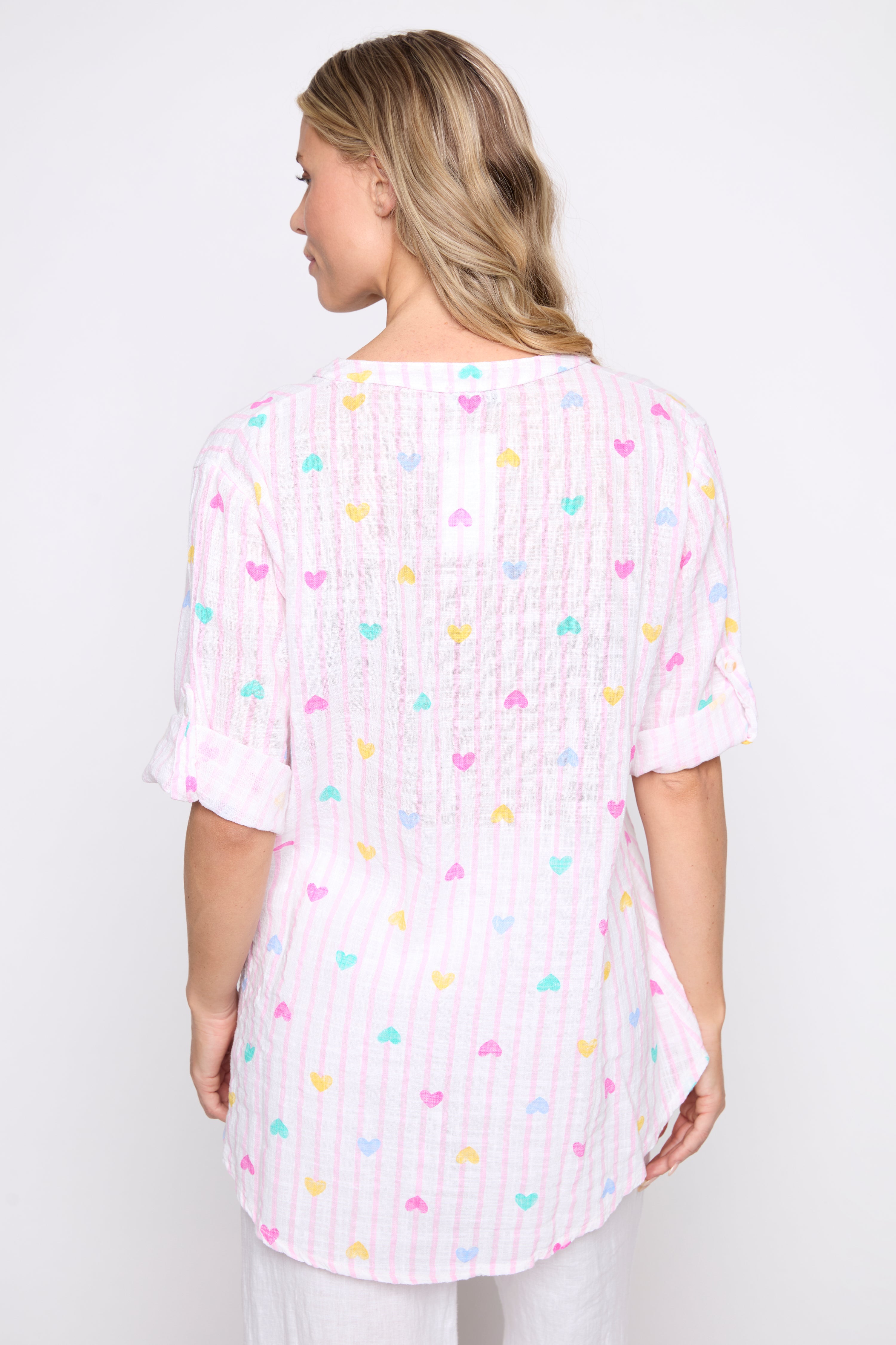 Stripe hearts print cotton gauze blouse