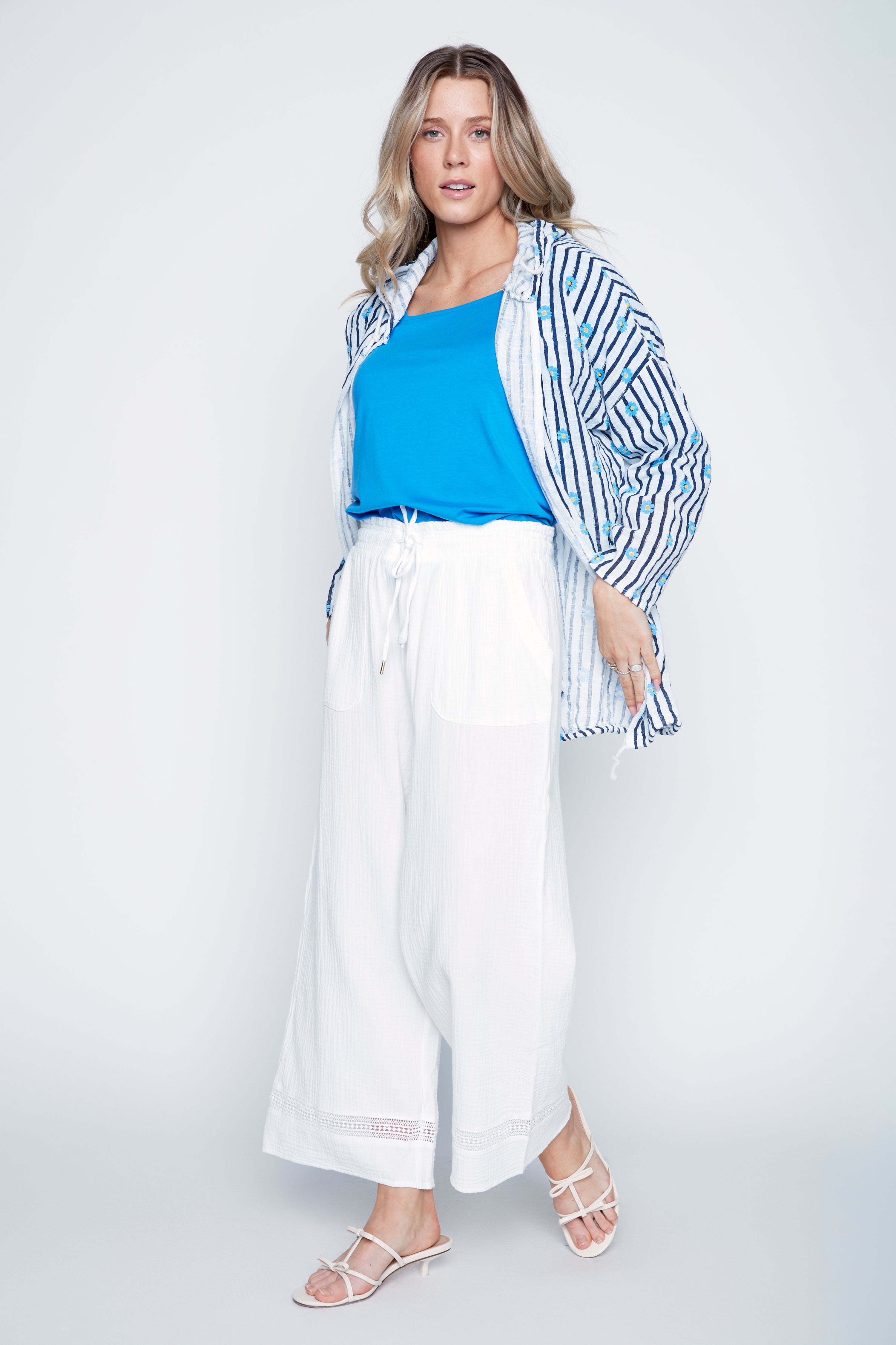 Stripe and daisy print cotton gauze cardigan