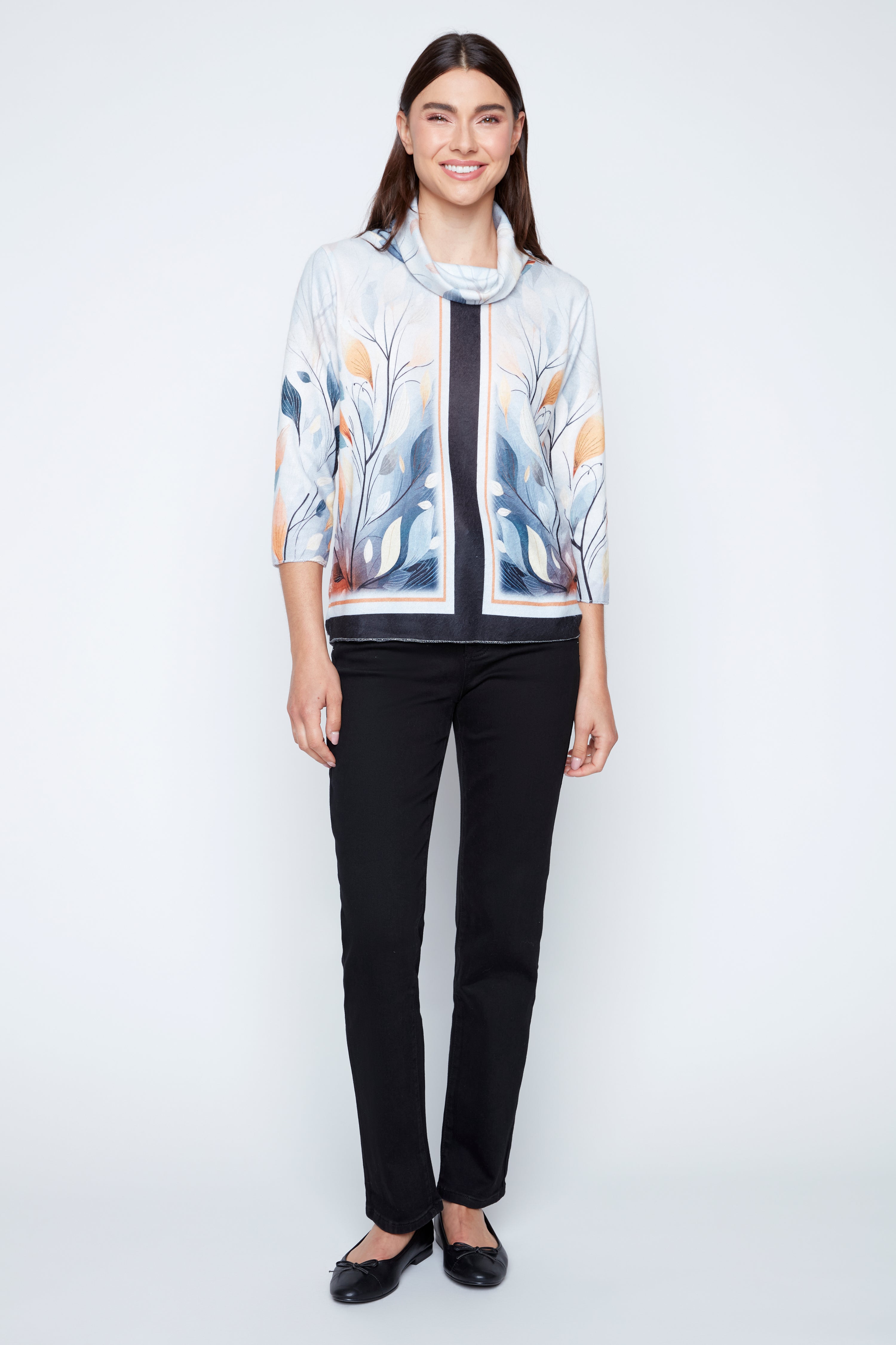 Leaves print cowl neck knit sweater