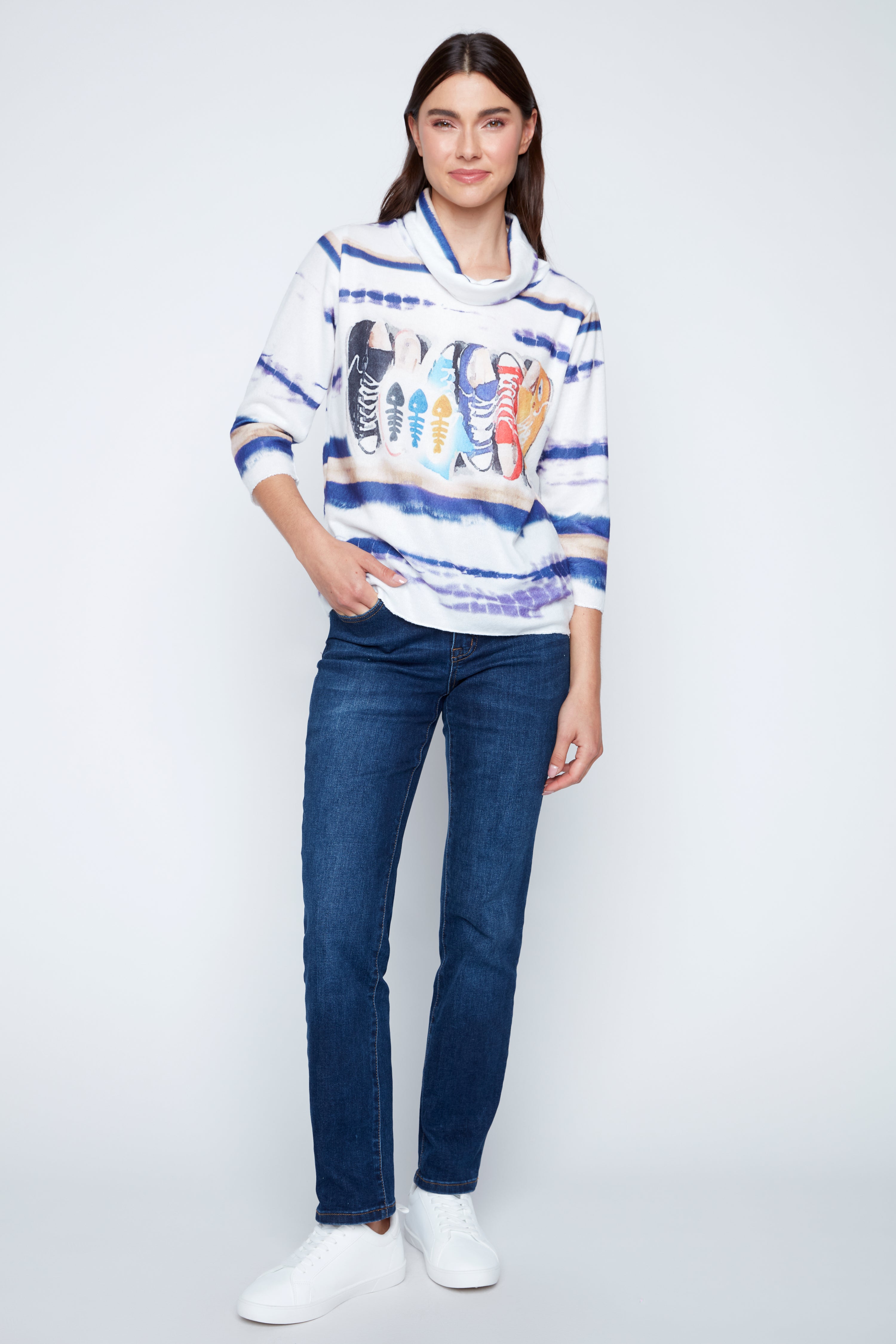 Horizontal stripe sneaker print sweater