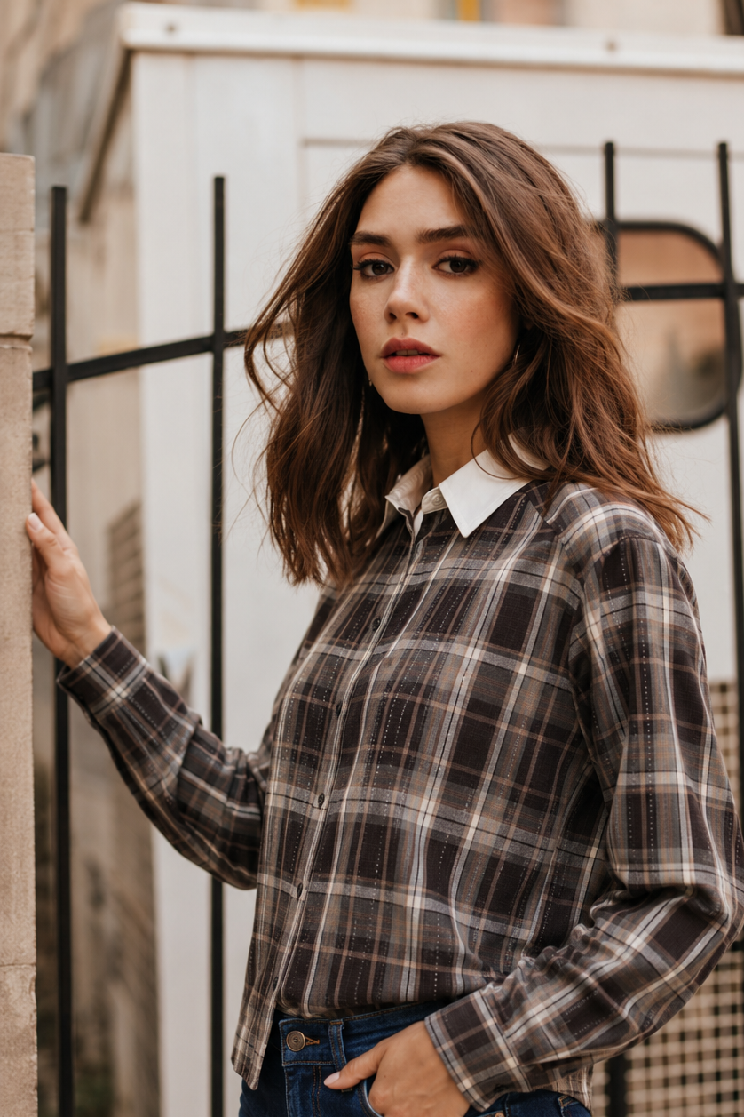 La blouse à carreaux avec détails en strass