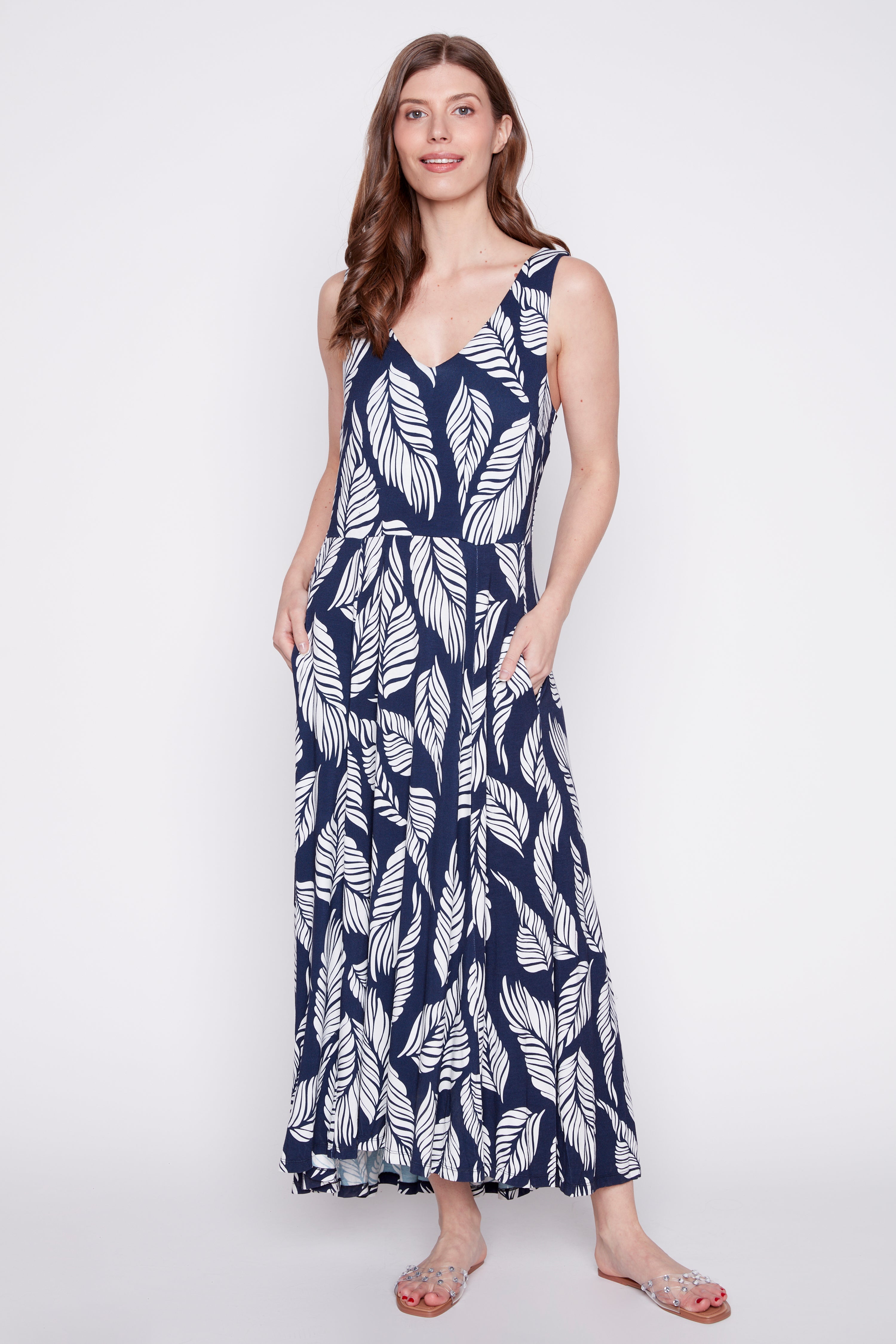 Hi-lo leaf print jersey dress