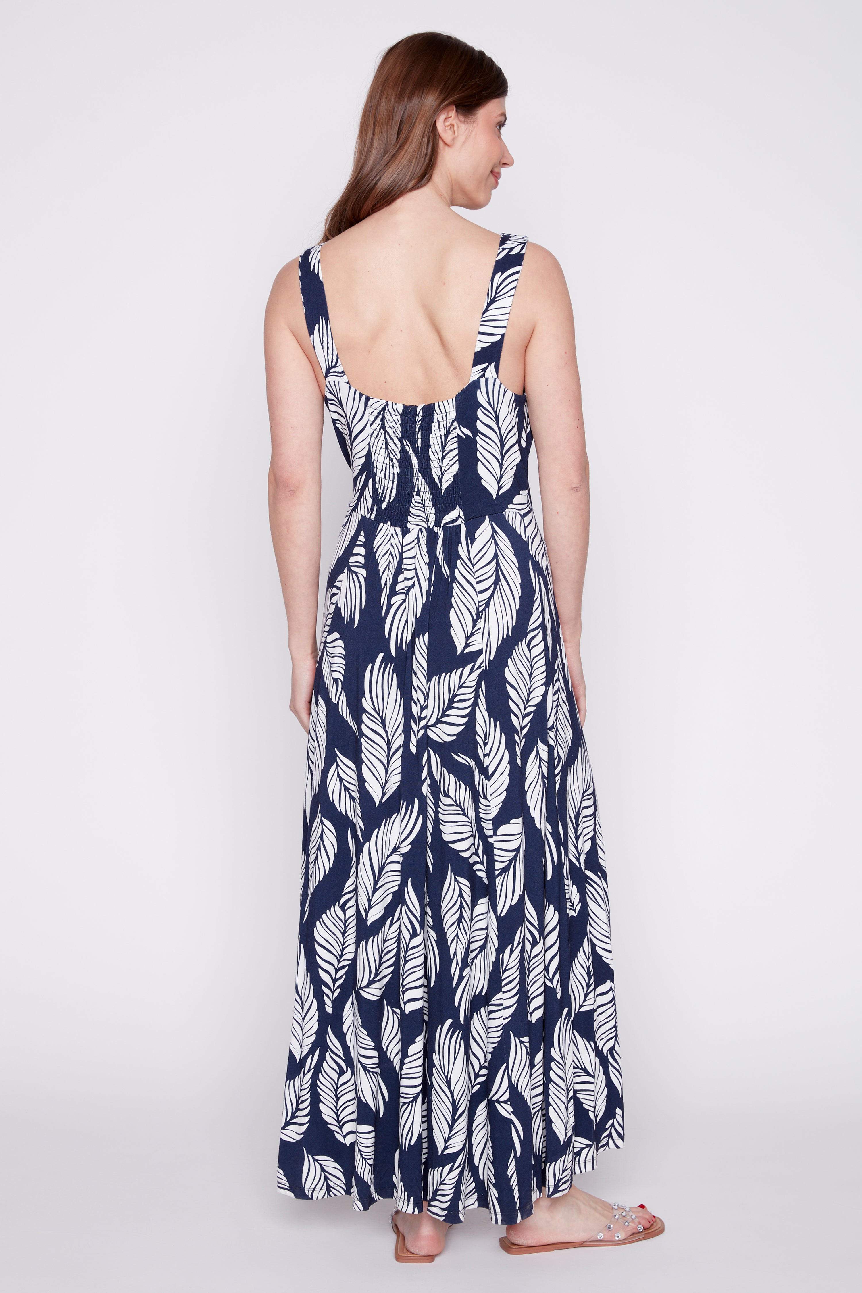 Hi-lo leaf print jersey dress