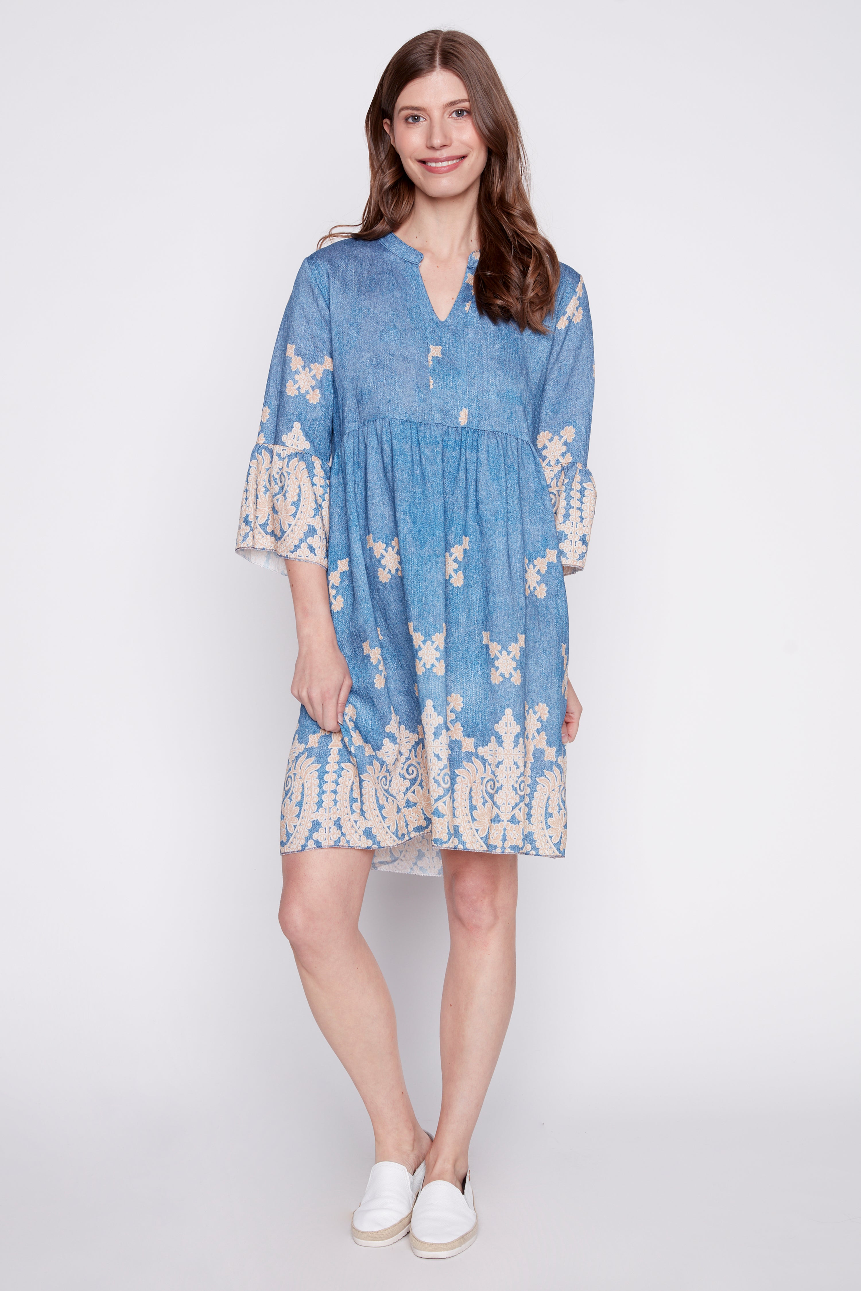 Bell sleeve border print dress