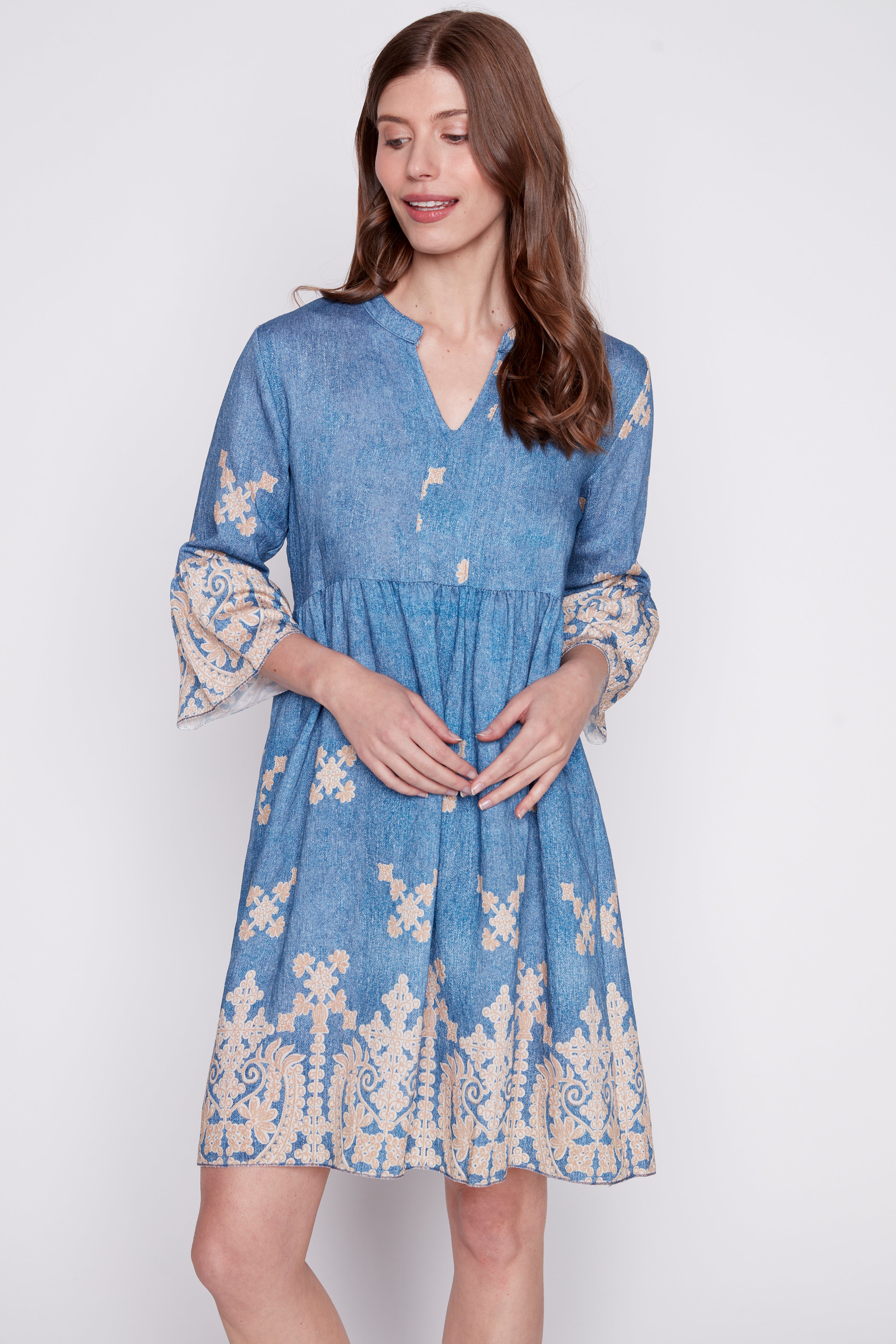 Bell sleeve border print dress