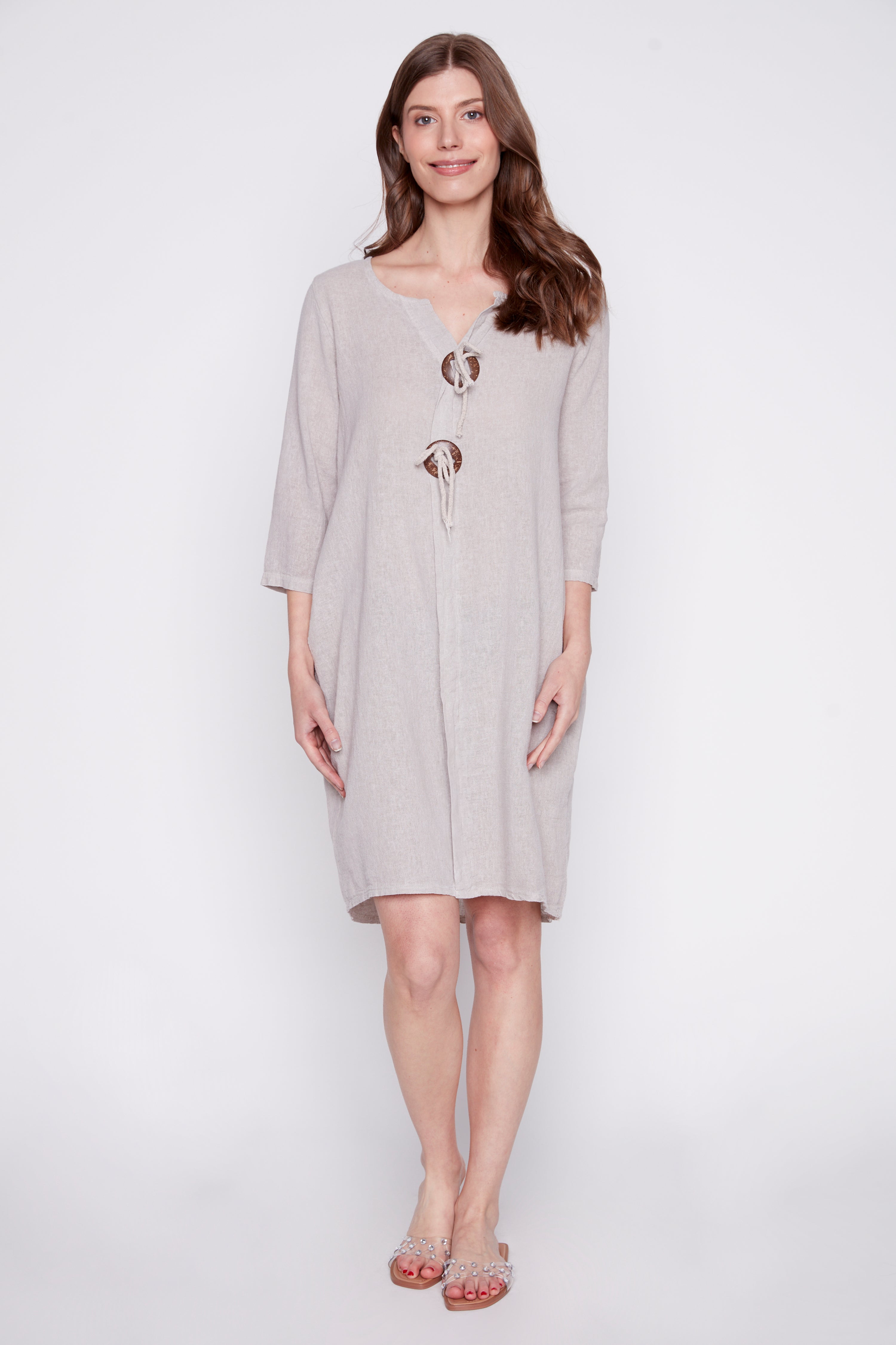 Solid button detail cotton blend dress