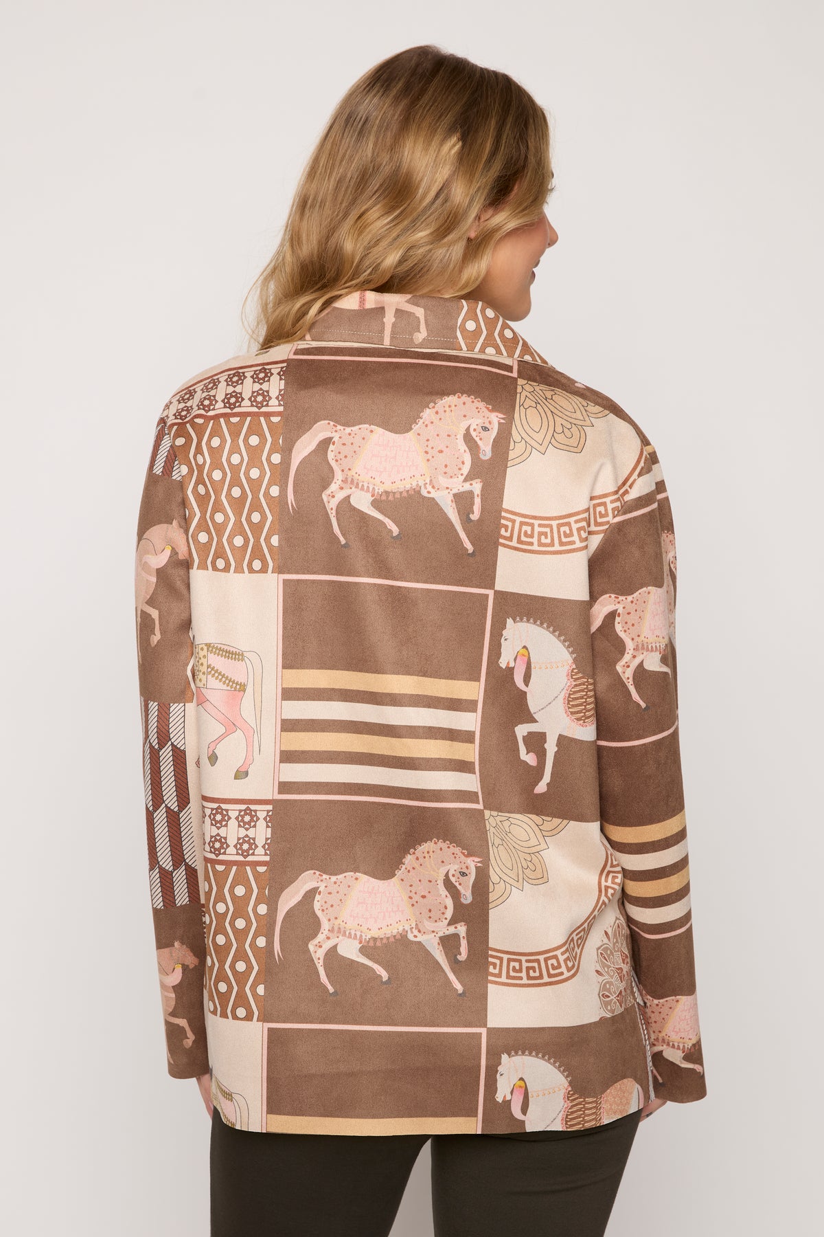 Faux Suede Blazer With Horse And Geometric Print