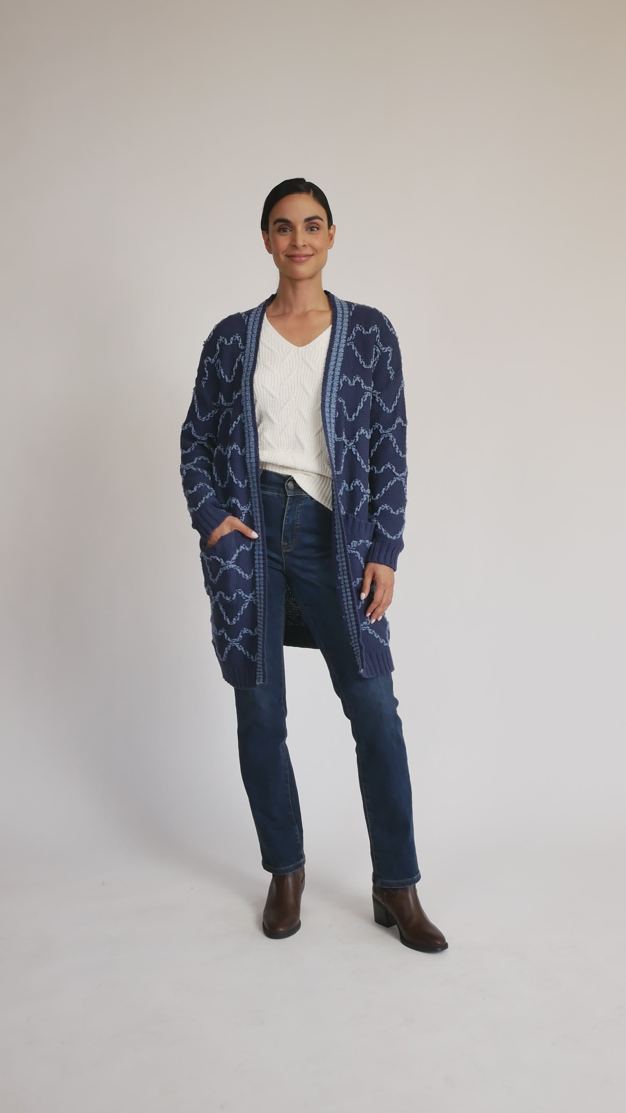 Jacquard Open Font Cardigan in navy video