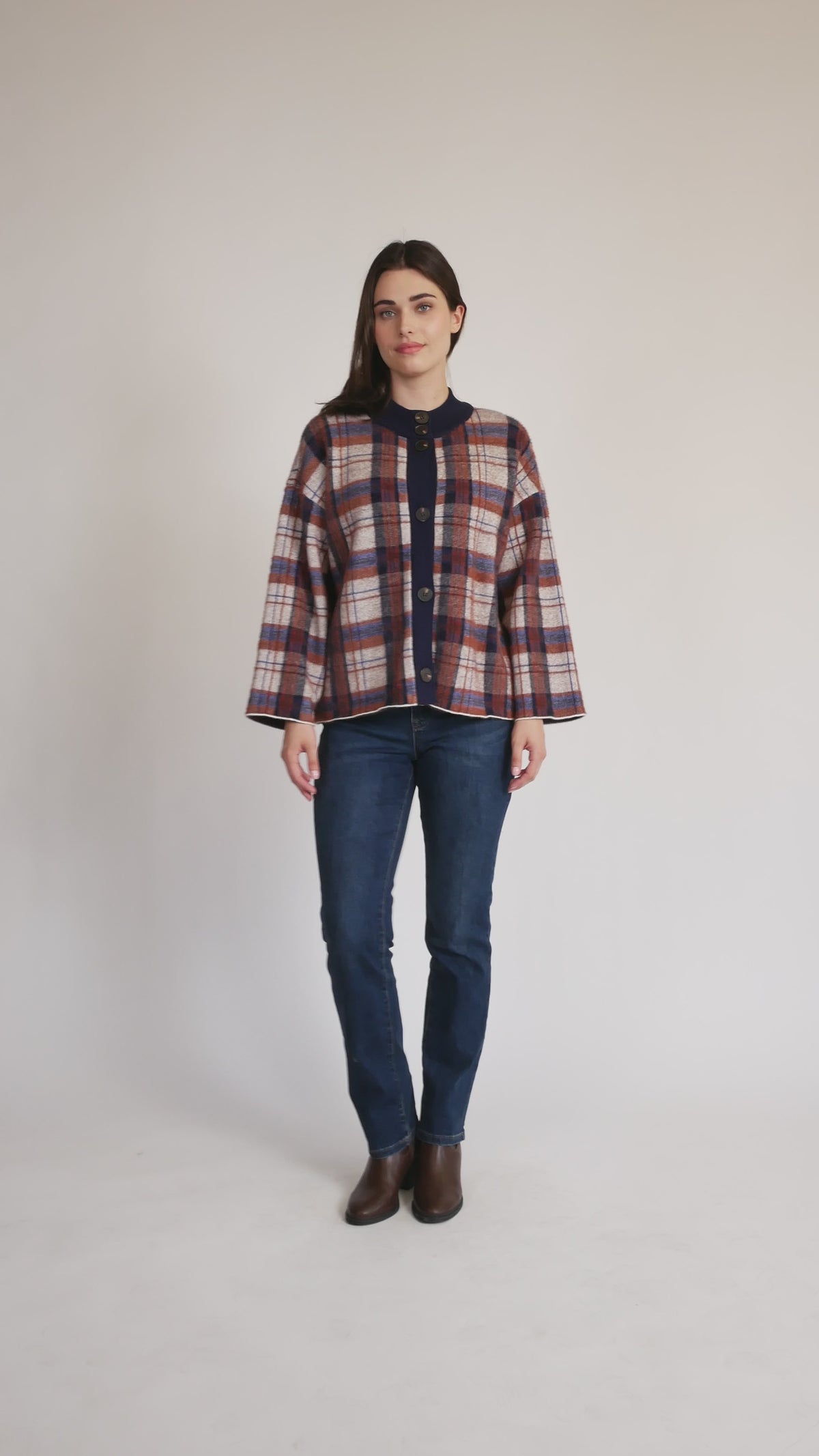 Plaid Button Front Knit Cardigan in navy multi video