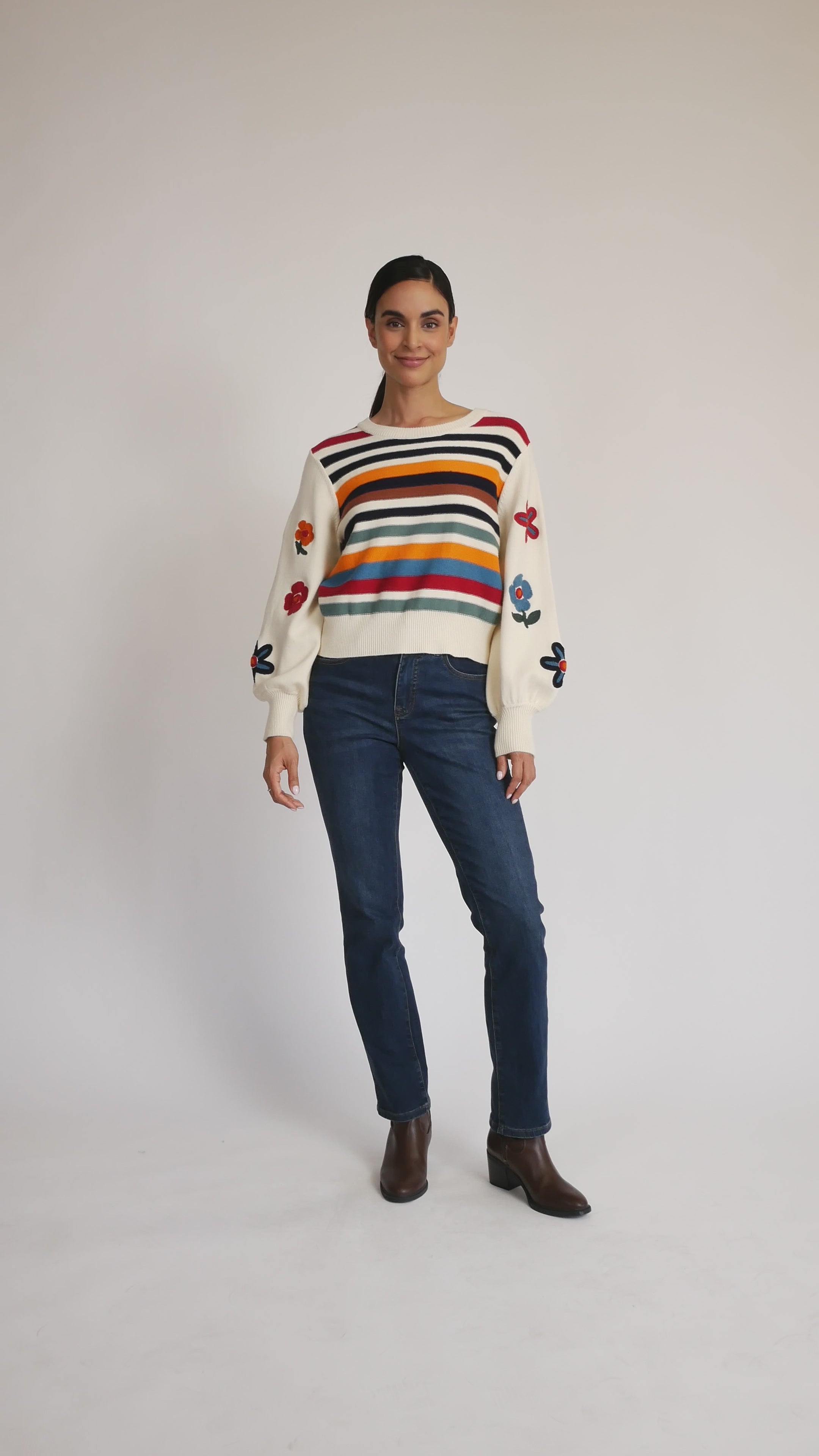 Floral Sleeve Stripe Sweater in natural video