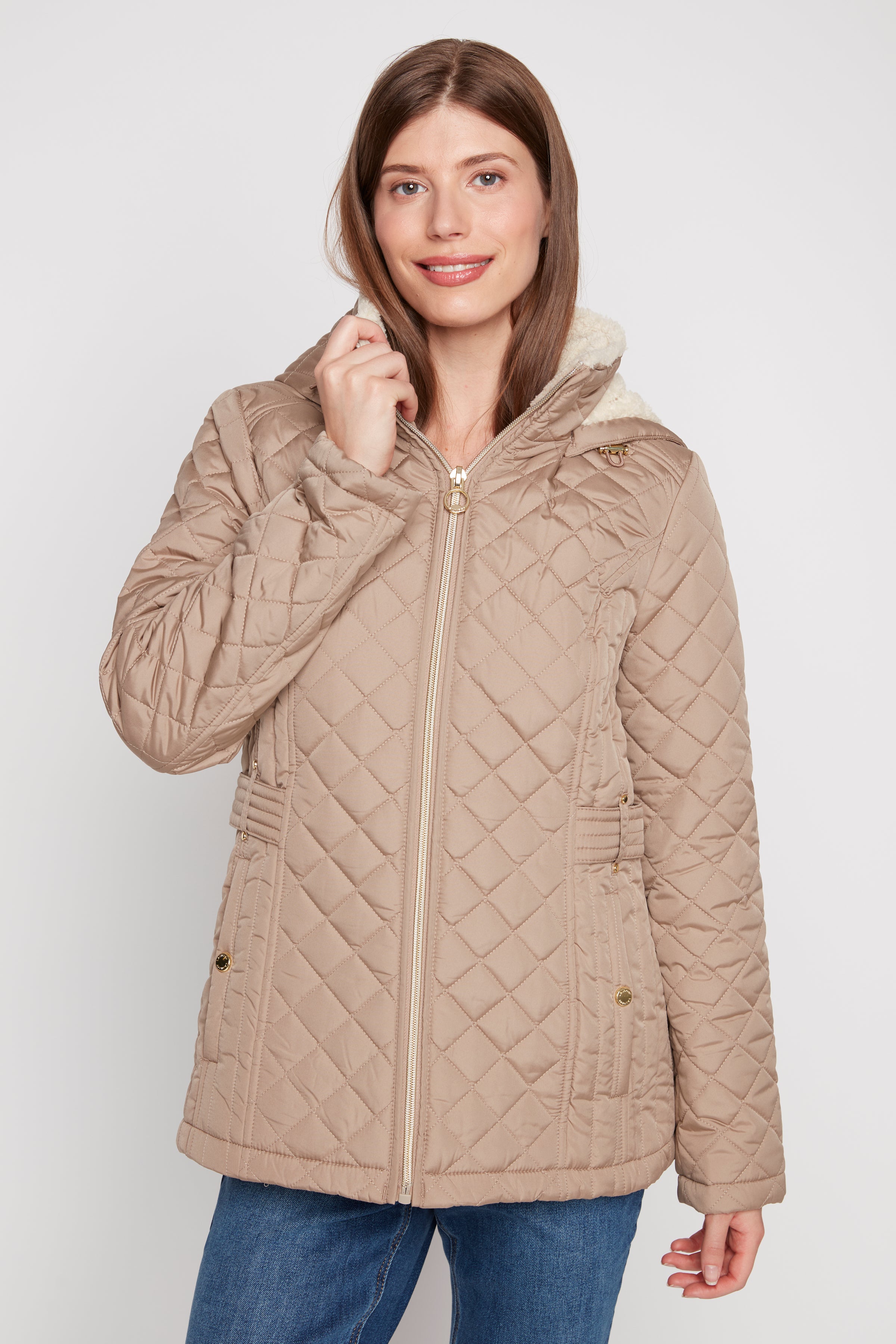 Diamond quilt fur hood jacket