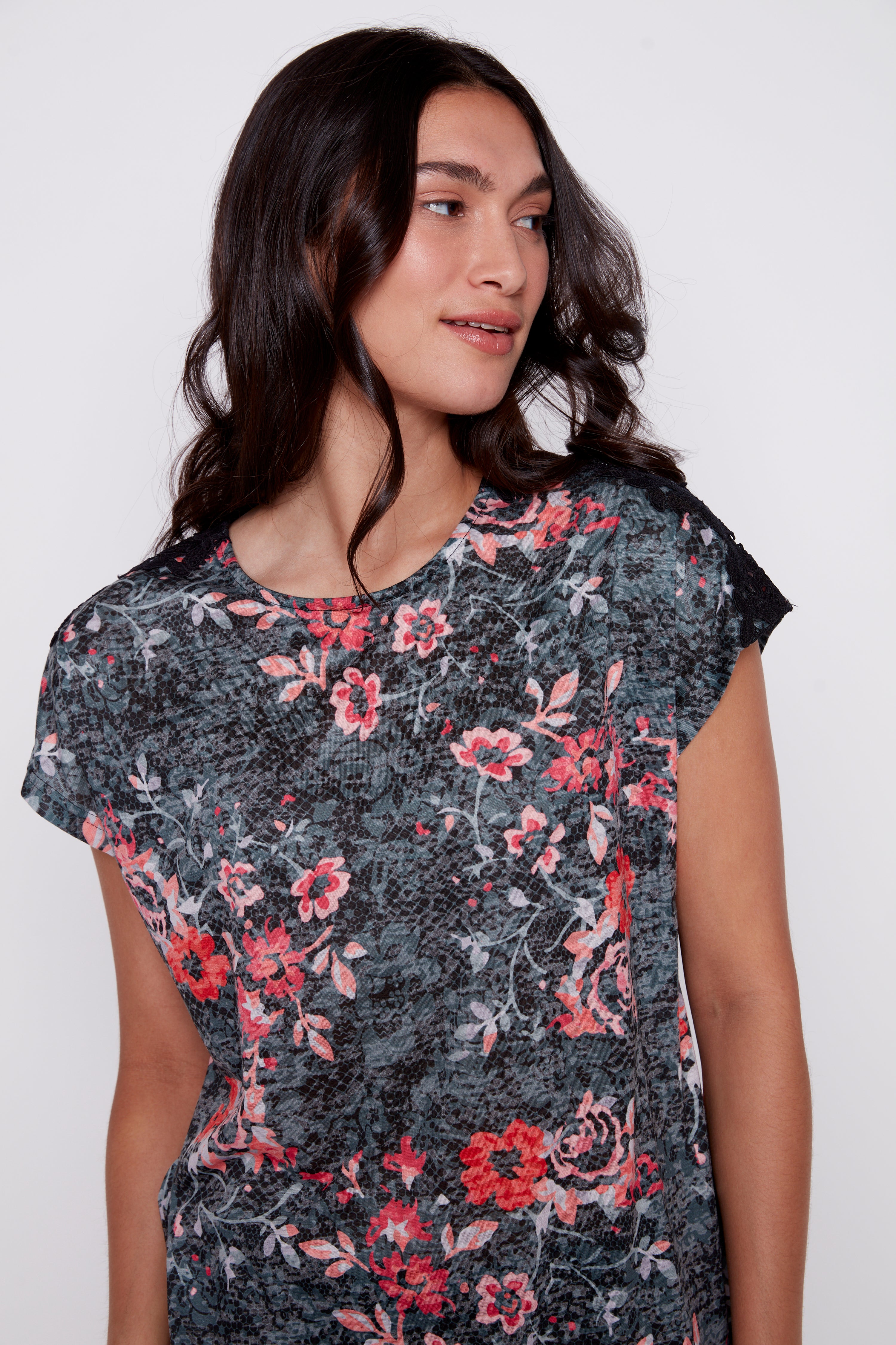 Burnout crochet trim floral t-shirt