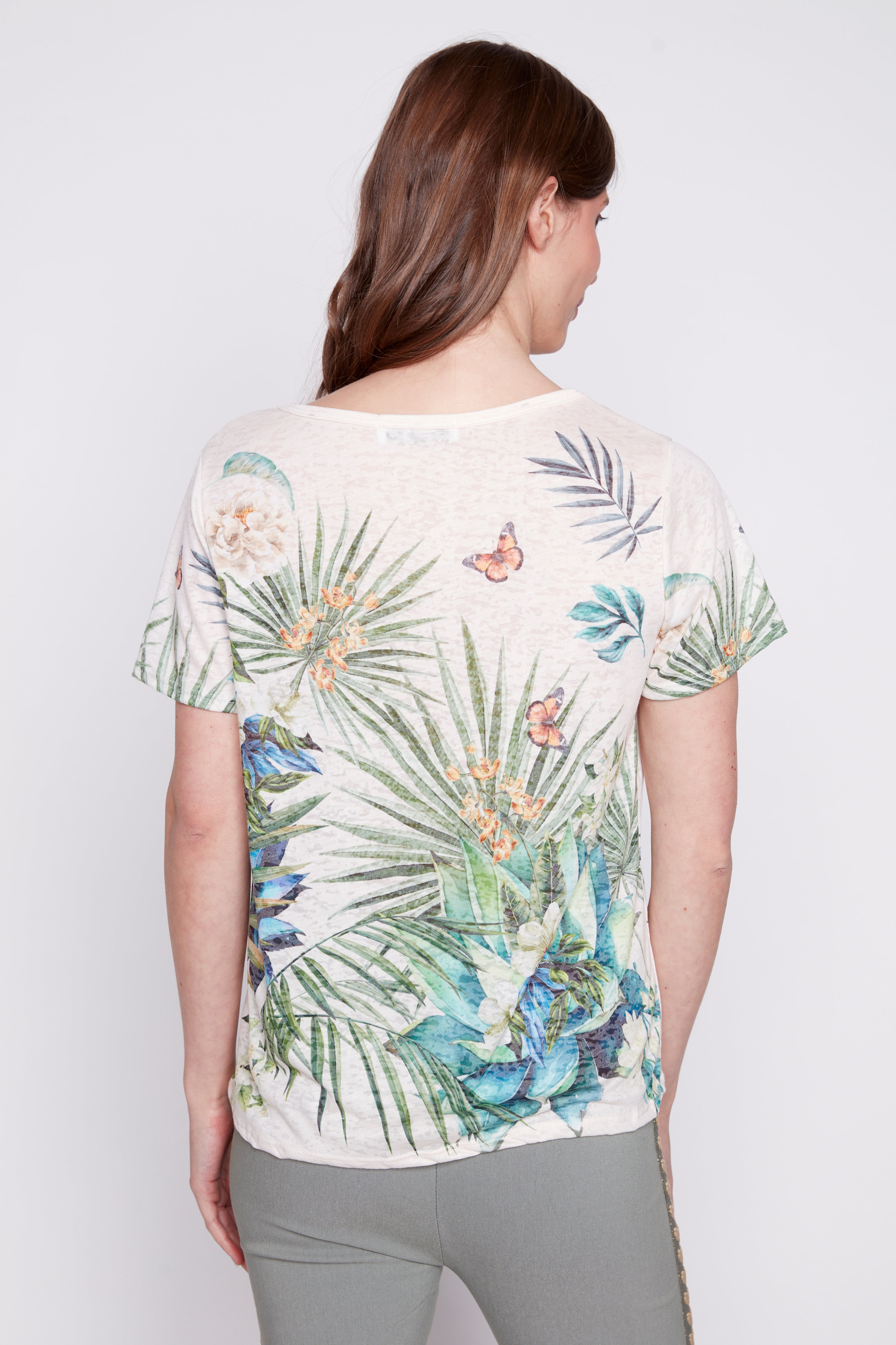 Tropical print burnout t-shirt