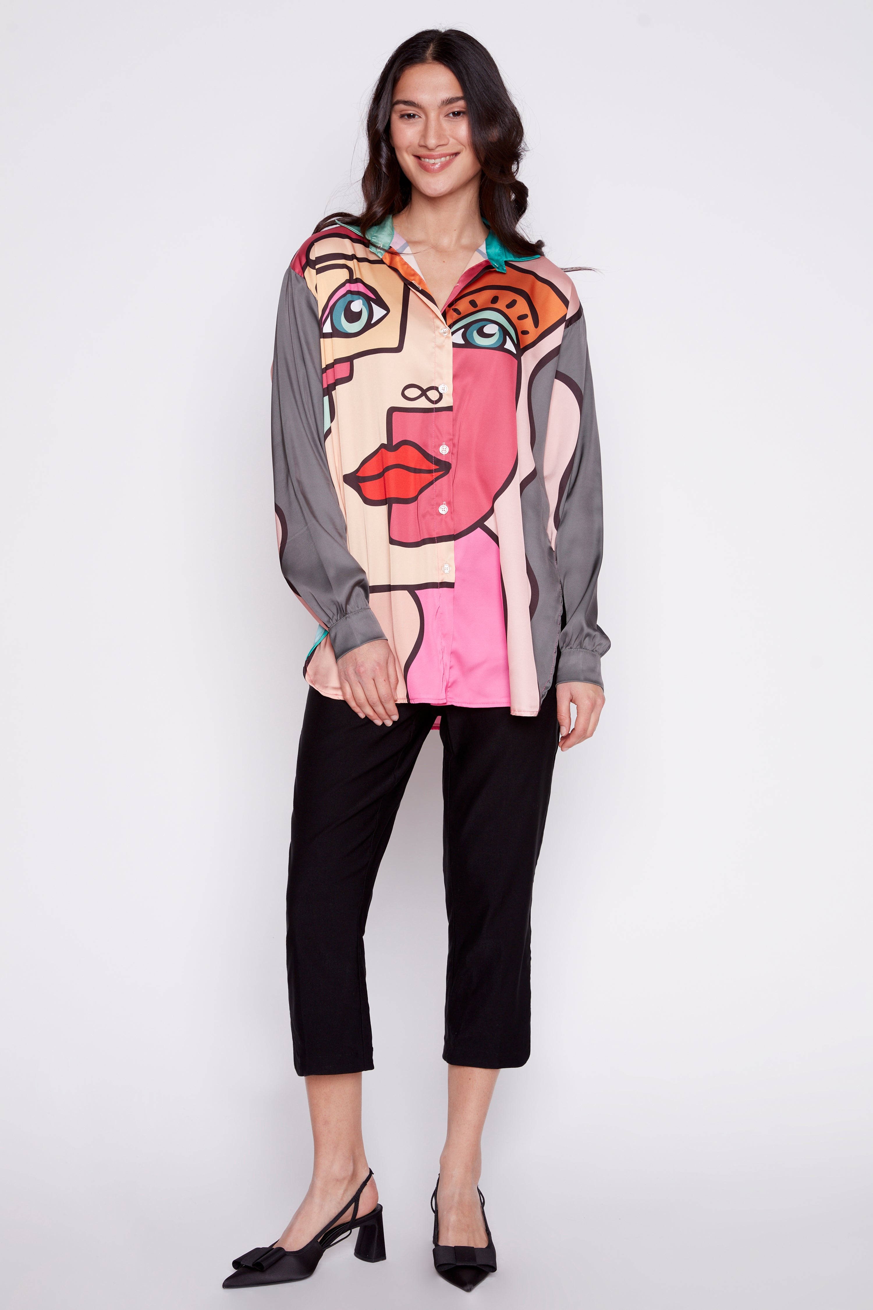 Colorful Picasso print satin blouse