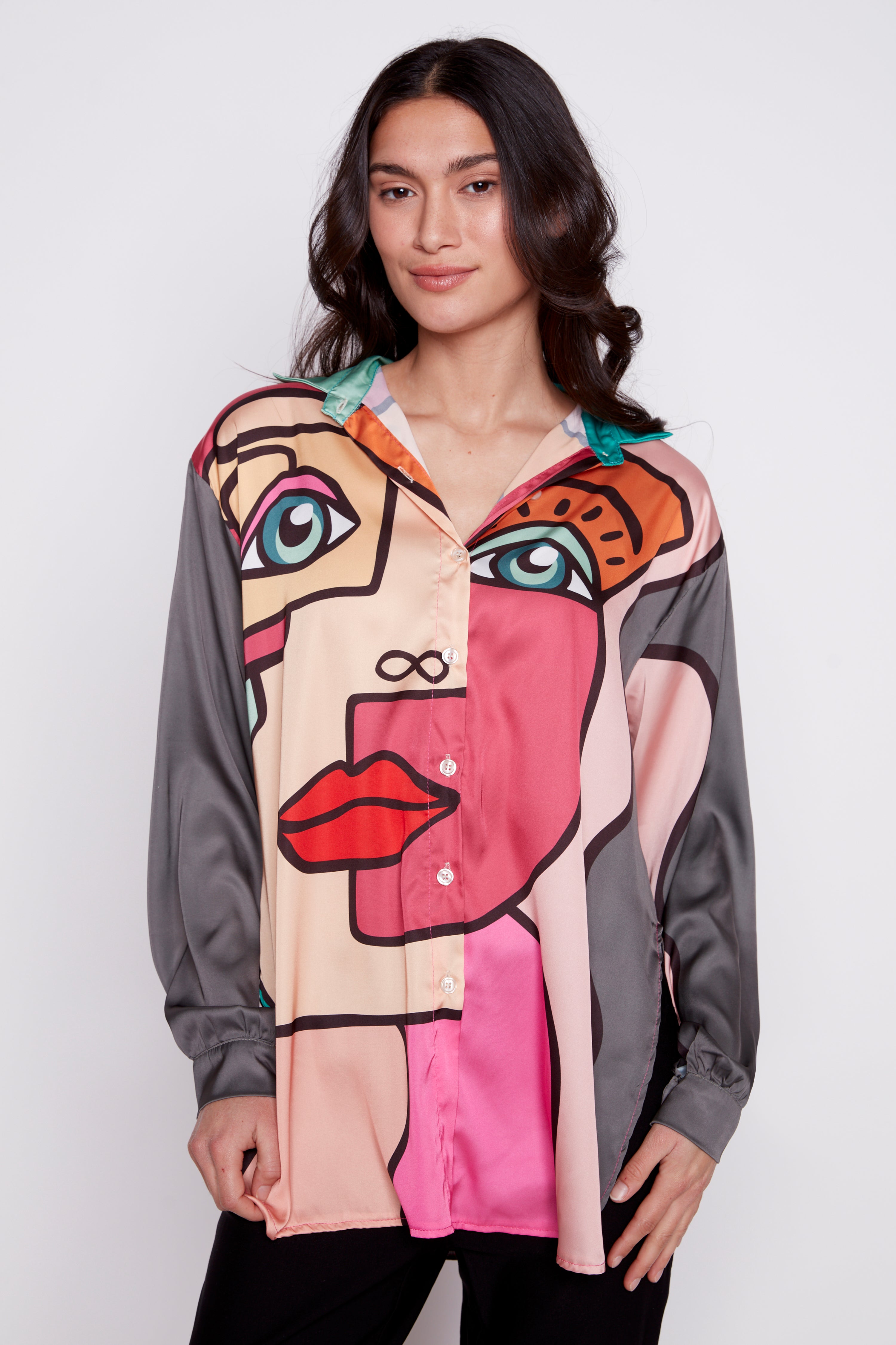 Colorful Picasso print satin blouse