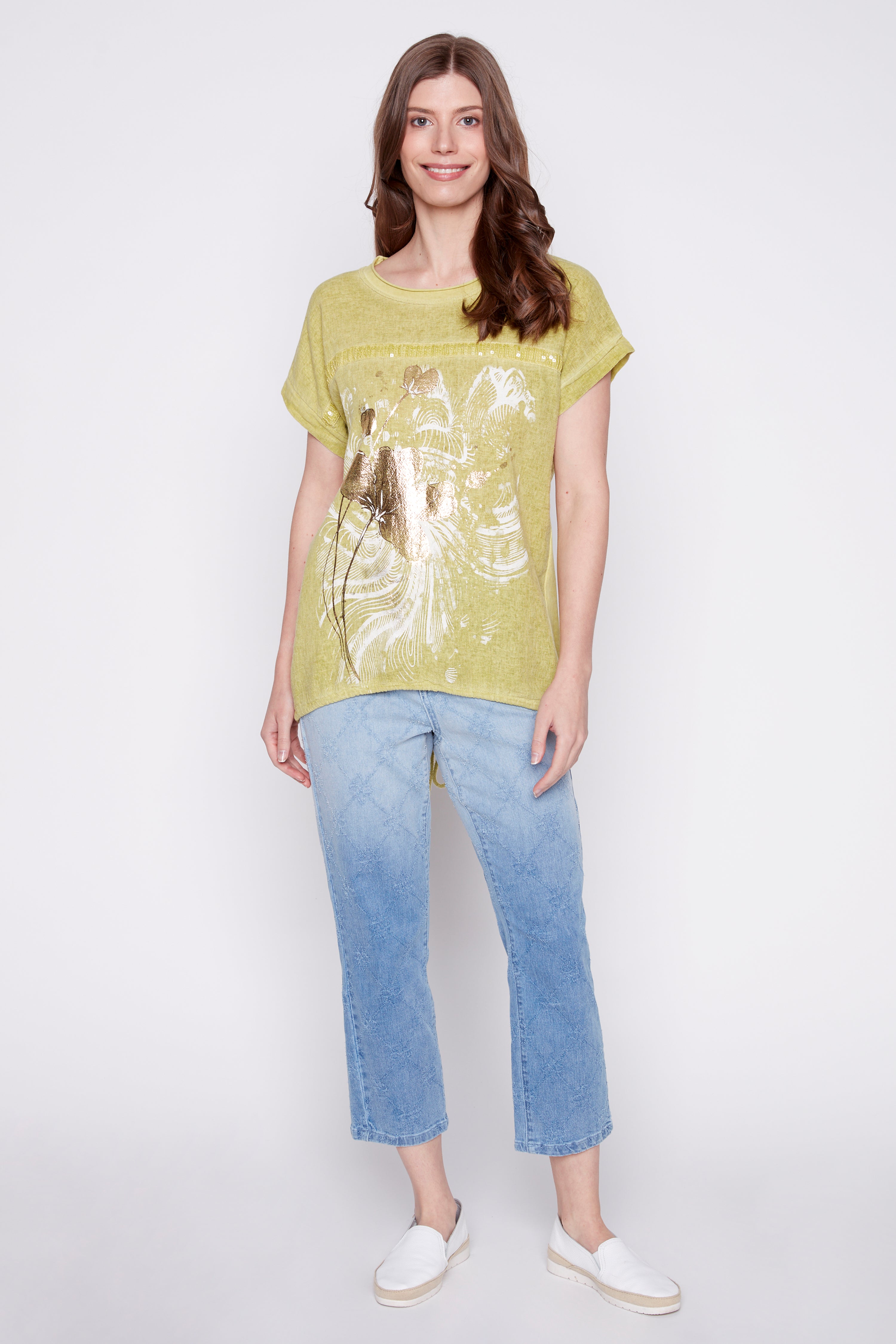 Floral design cotton linen blend top